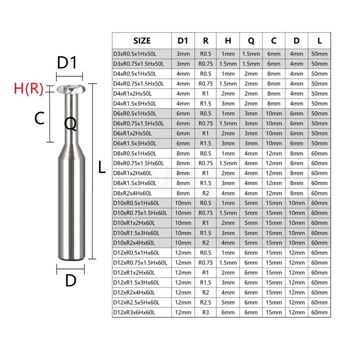 T-Nut-Fräswerkzeuge R0.5/0.75/1/2/3 T-Nutenfräser, Radius-Eckfräser, T-Typ, for die Bearbeitung von Aluminiumnuten, Hartmetallwerkzeug, D3 mm - D20 mm(D8xR1x2Hx60L)
