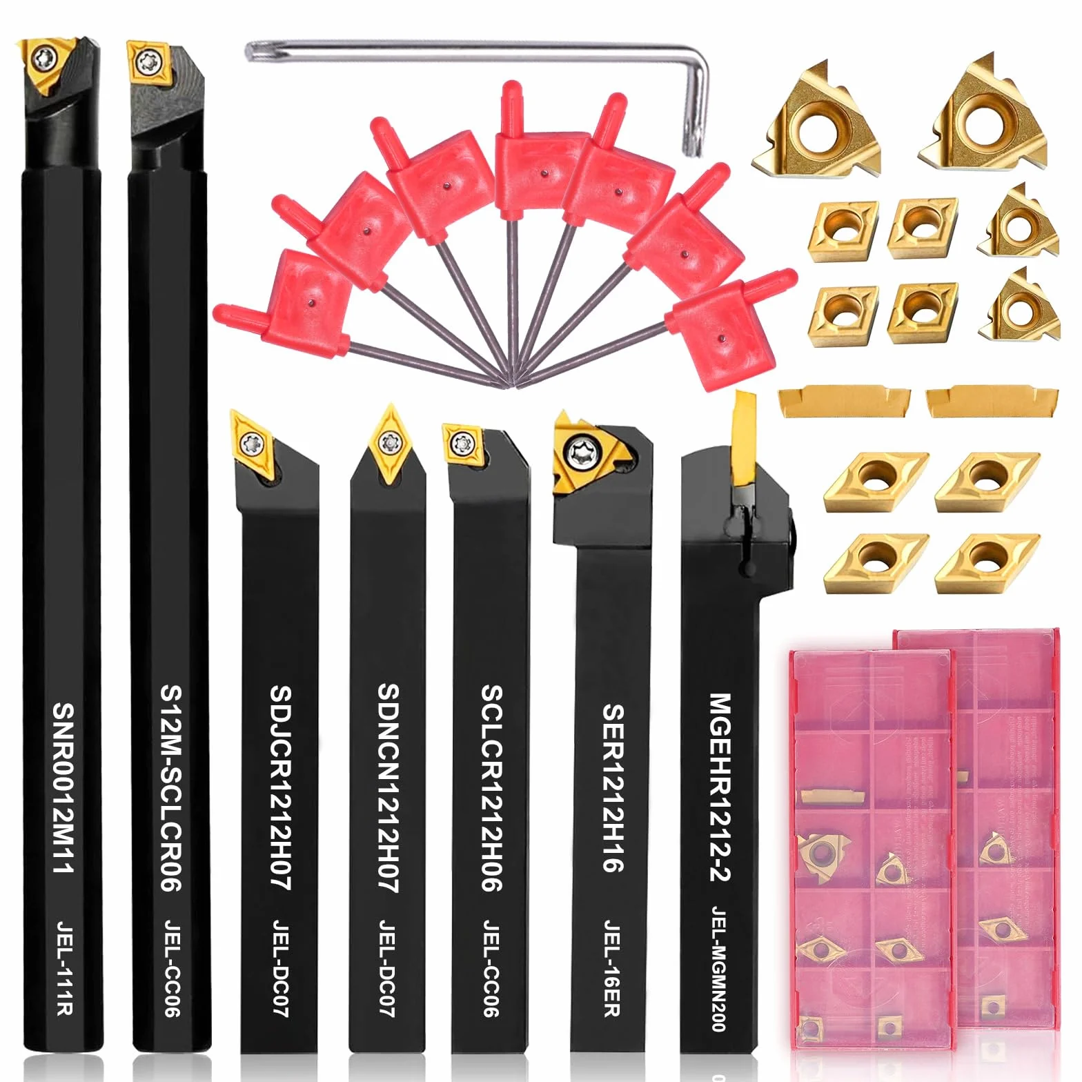 Donken Drehwerkzeughalter Set 12mm, Inhalt 7 Stk.12mm Schaft-Bohrstangenhalter,14 Stk. Hartmetall-Wendeschneidplatten, 7 Stk. T8 Schraubenschlüssel | 12mm Drehmeißel für CNC-Drehmaschinen