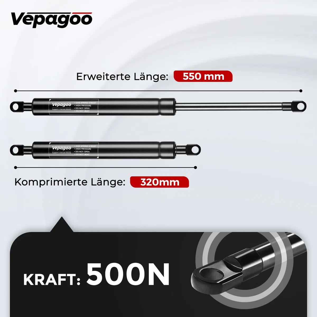 Vepagoo 500mm 500N Gasdruckdämpfer Gasdruckfeder, 50kg Gasfeder für Bettkasten, Türen, Bodenluken, Schuppenfenster und andere Schwerlastanwendungen, M6 Ösenköpfe (8mm Durchmesser), 2er Set