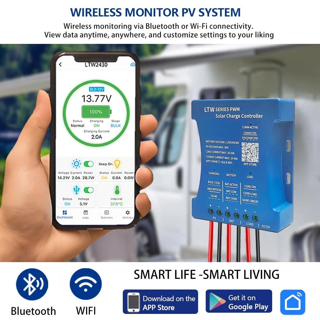 Y&H 30A Solarladeregler 12V/24V/36V PV Max. 80V WIFI Bluetooth-Kommunikation Solarpanel-Regler Intelligent für Blei-Säure- und LiFePO4-Batterien
