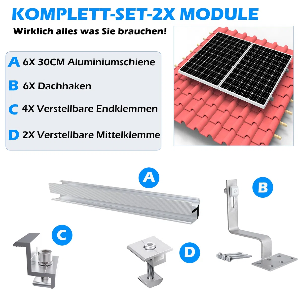 Warmfay Solar Halterung Ziegeldach Montageset, Erweitert Photovoltaik Montageschiene Dachhaken Solarpanel Halterung für 2 Module, Alu Solarmodul Halterung Ziegeldach Anwendbar Solarmodule Dick 30-35mm