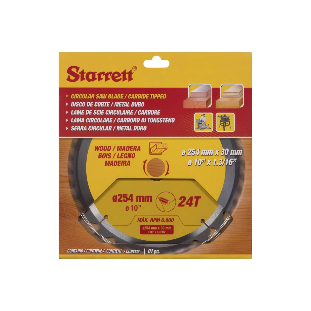 Starrett Kreissägeblatt für Holz, 254 mm, 24 Zähne, 16/19/25/30 mm Bohrung