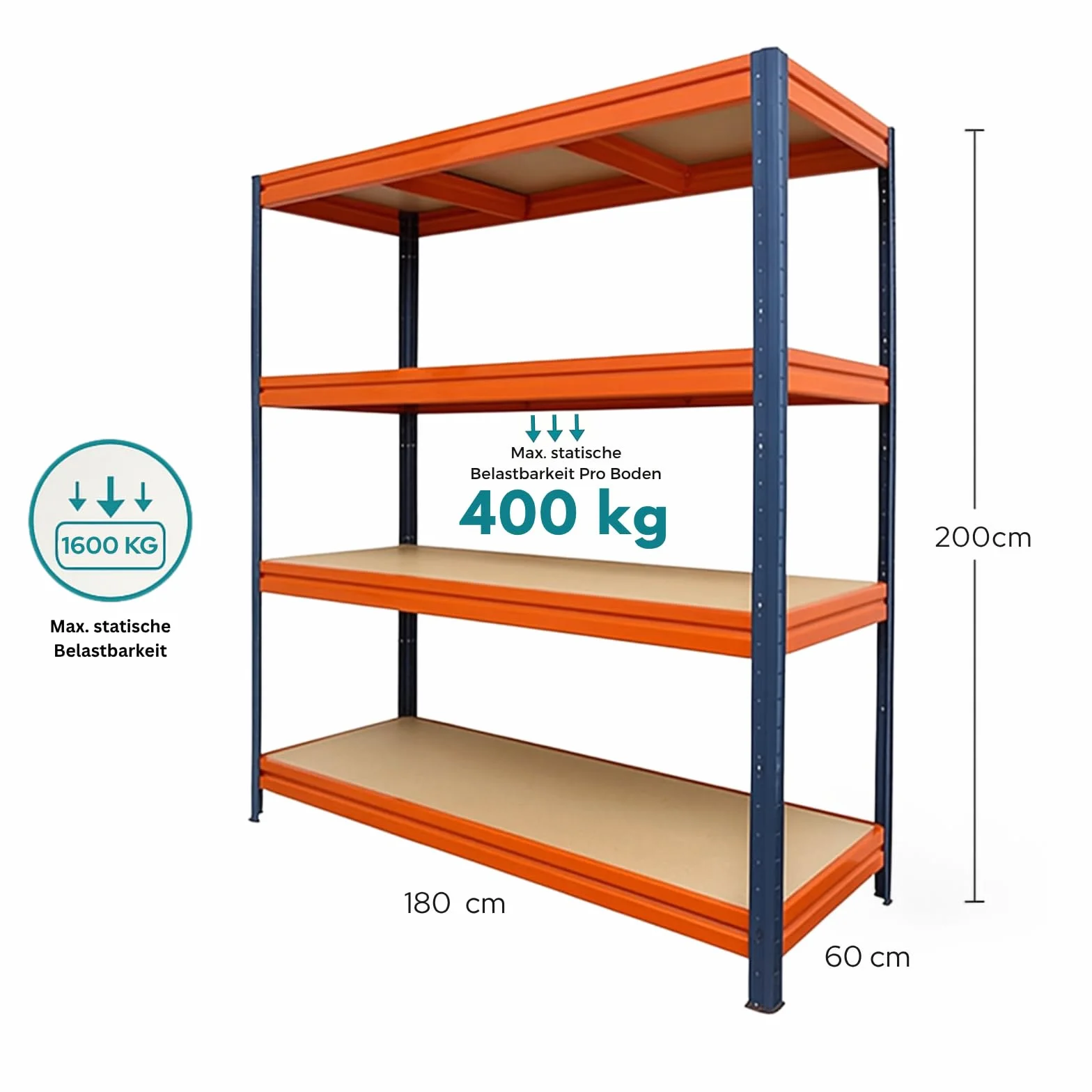etm Weitspannregal 200 x 180 x 60 cm - mit Traglast bis zu 1500 kg, verwendbar als Schwerlastregal,Lagerregal,Kellerregal,Steckregal, Blau-Orange