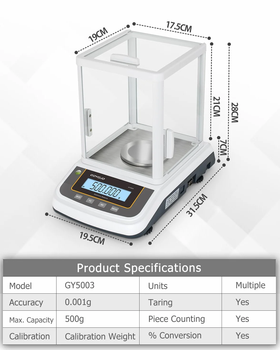 GOYOJO Feinwaage 0.001g, Hochpräzise Laborelektronische Analysewaage mit Einem Windschutz Ausgestattet Ideal für Industrie, Küche, Lebensmittel, Schmuck und Goldwägung und Zählung, 500gx0,001g