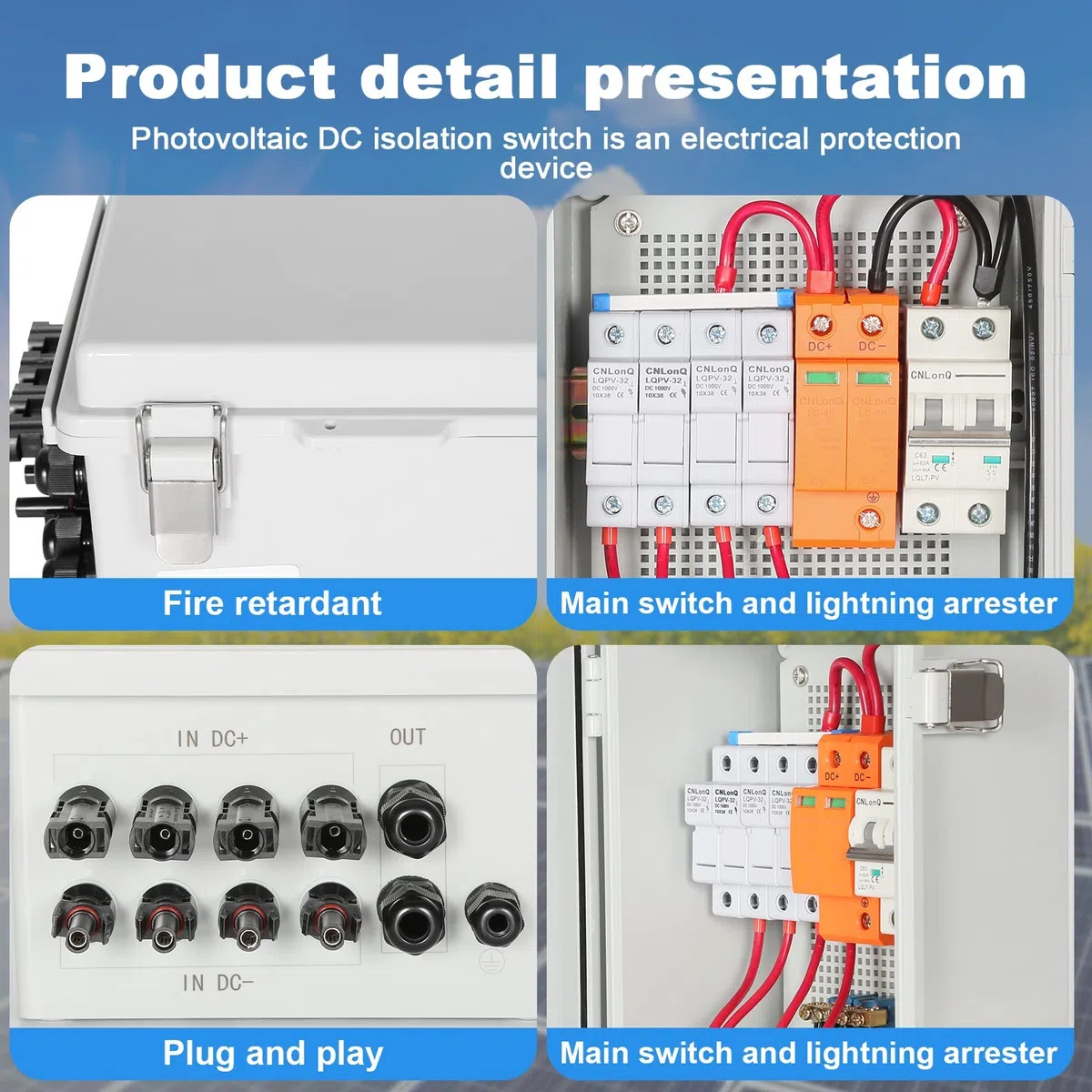 Jadeshay 4 String Solar PV-Kombinationsbox 500V 4 in 1 Out Wasserdicht Solar PV Combiner Box 63A Leistungsschalter for Solar Panel System