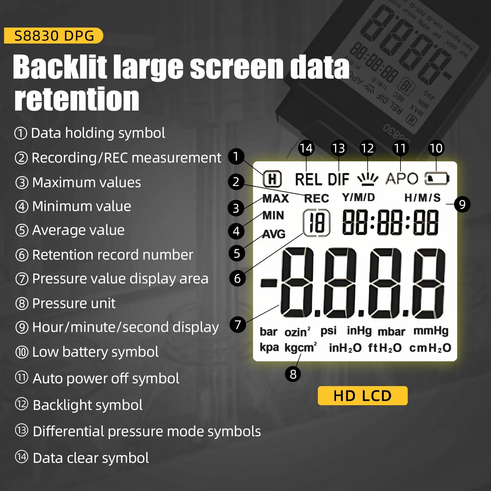 Differenzdruckmessgerät Digital Manometer GR-T9-S8830 Professioneller Druckmessgerät mit zwei Anschlüssen LCD-Druckmesser mit Hintergrundbeleuchtung für die Prüfung von Erdgasleitungen usw