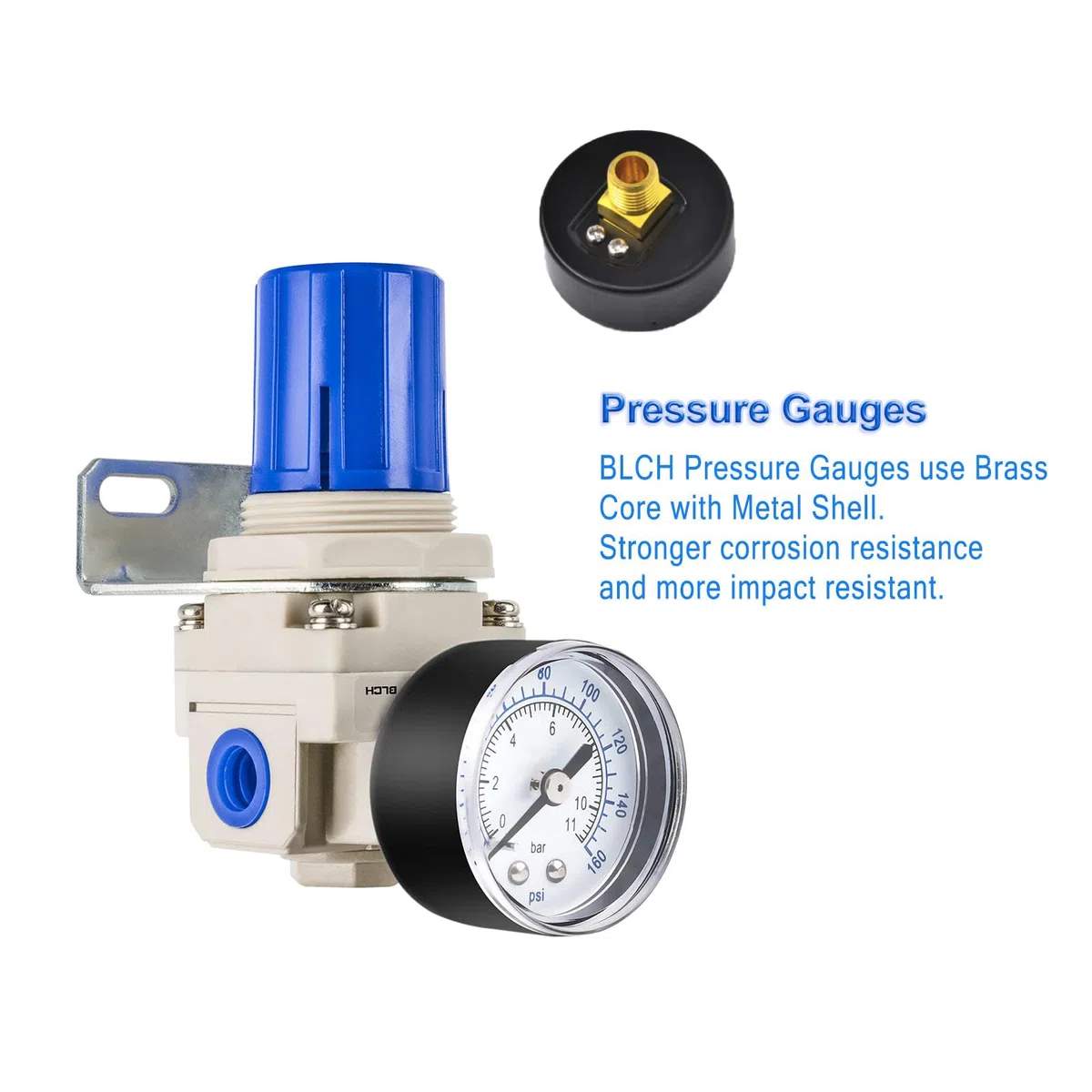 BLCH 1/4" BSP Druckluftregler - Druckregler für Kompressor, Kompressorregler mit Lufttrocknungssystem AR2000-02 inkl. Manometer (0-160 PSI)