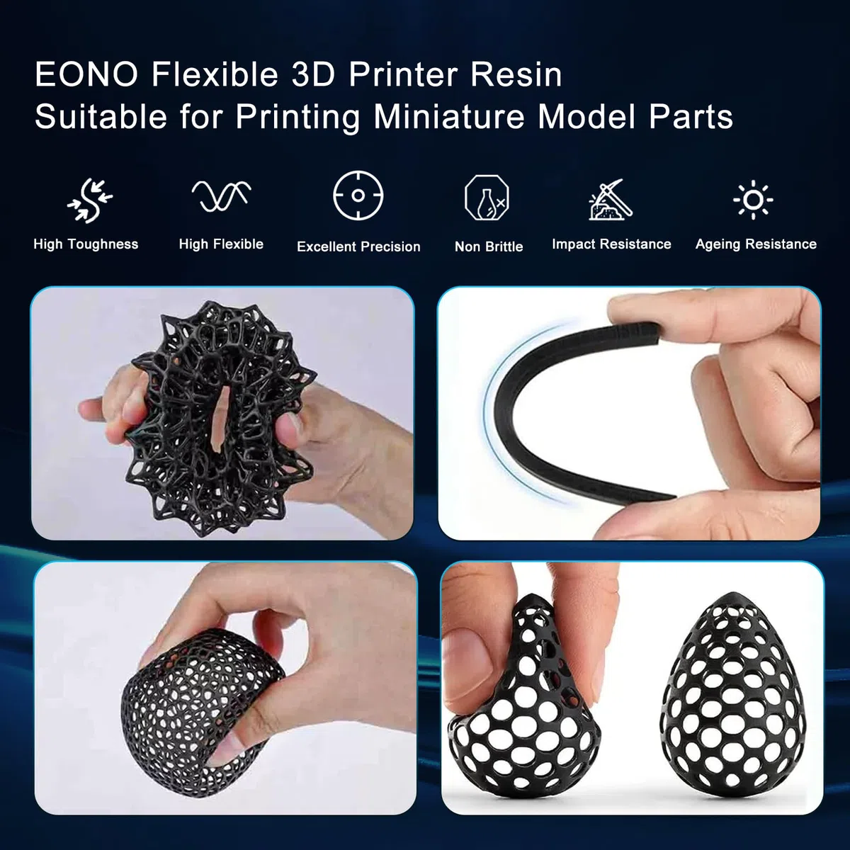 EONO Flexibles 3D Drucker Resin (Shore 80A) 3D Druck Resin Weiches Gummi/TPU-ähnliches Resin, Hohe Dehnung, 405nm Schnelle UV Resin für LCD Drucker, Schwarz 1000g