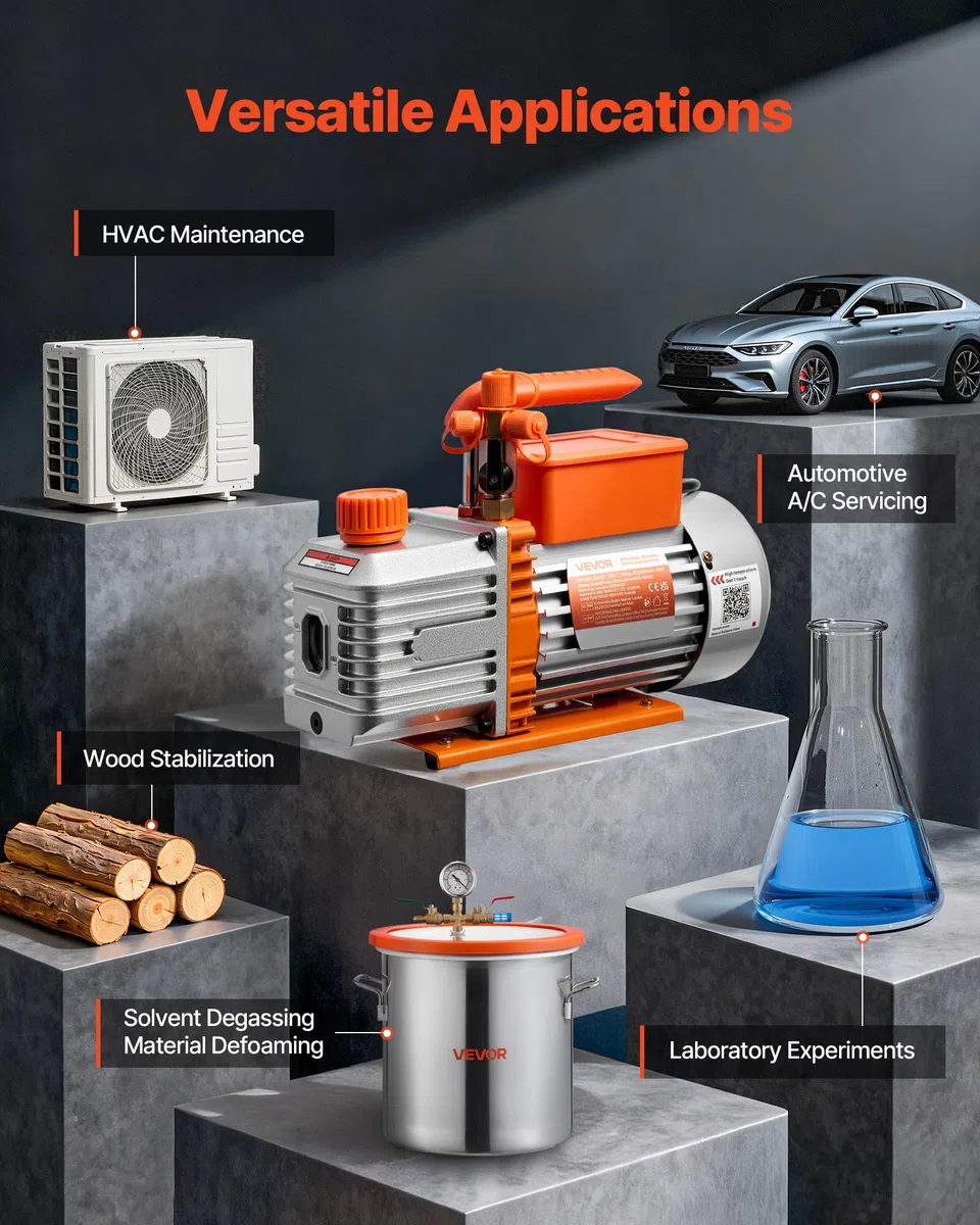 VEVOR Vakuumpumpe, 5 CFM 142 L/min, zweistufig, 375 W, geeignet für R134a-, R22- und R410a-Systeme, 4-poliger Motor, für die Wartung von Kfz-Klimaanlagen & die Entgasung von Harzen, inkl. Öl.