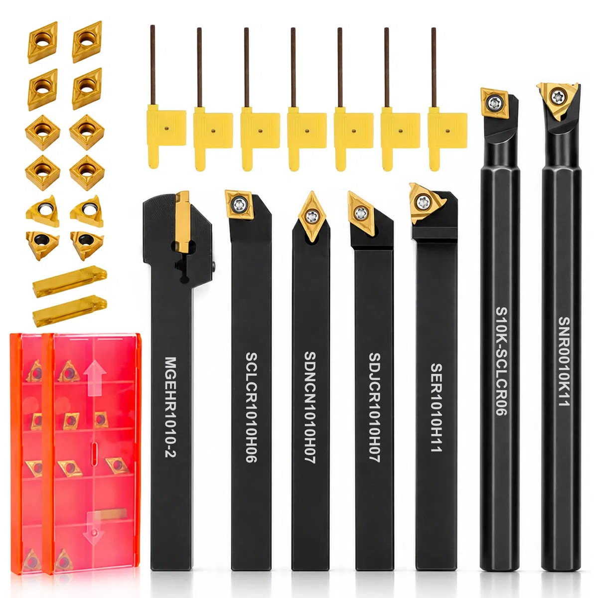Drehmeißel mit Hartmetall Wendeschneidplatten Set, 28er Drehwerkzeughalter Wendeplatten Set mit 7 Pcs 10x10 mm Drehstahl Bohrstange, 14 Pcs Hartmetalleinsätze, 7 Pcs Schraubenschlüssel