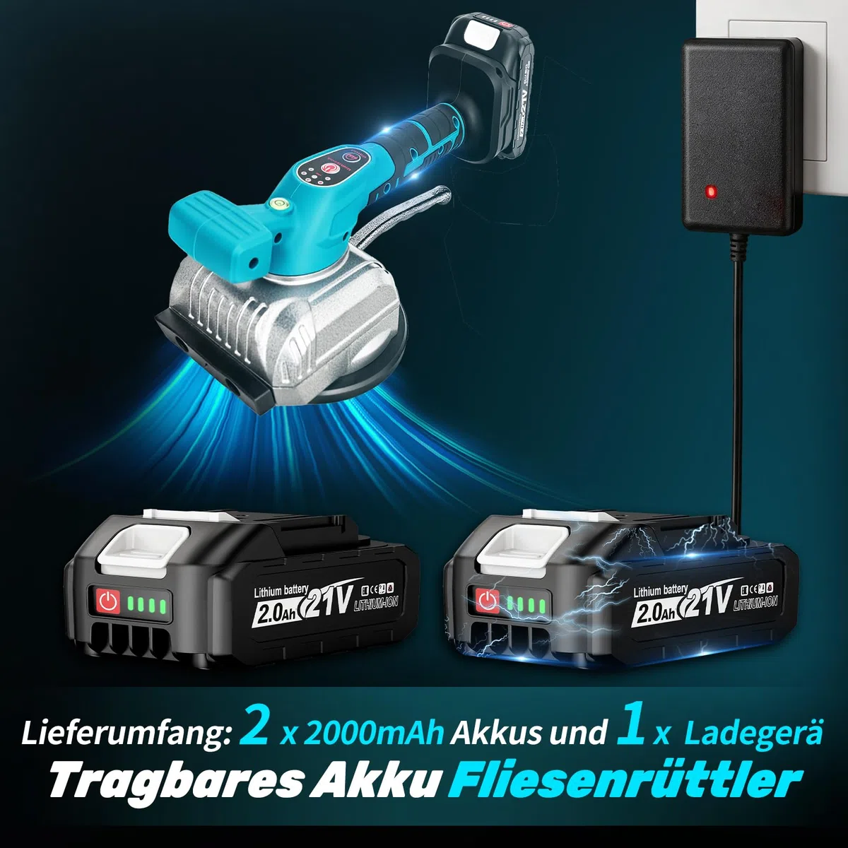 YEARTOP 2-in-1 Fliesenrüttler Akku 125mm Saugnapf Kompatibel mit Makita 18V | Fliesen Vibrationsgerät für Fliesen/Marmor/Holz/ Gipsplatte, Max 12000 RPM 5 Gänge, 110LBS Saugheber mit 2x 2.0Ah Akkus