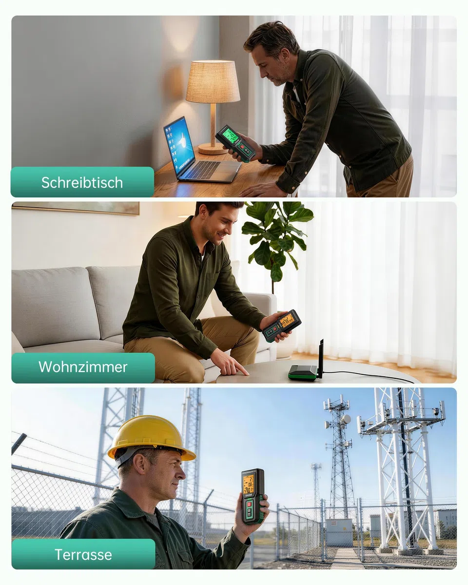 ERICKHILL EMF Messgerät 3-in-1, Tri-Achsen Elektrosmog Messgerät für EF/MF/RF, RF Detector mit LCD Anzeige, Wiederaufladbar, 3 Alarmmodi für Zuhause & Büro