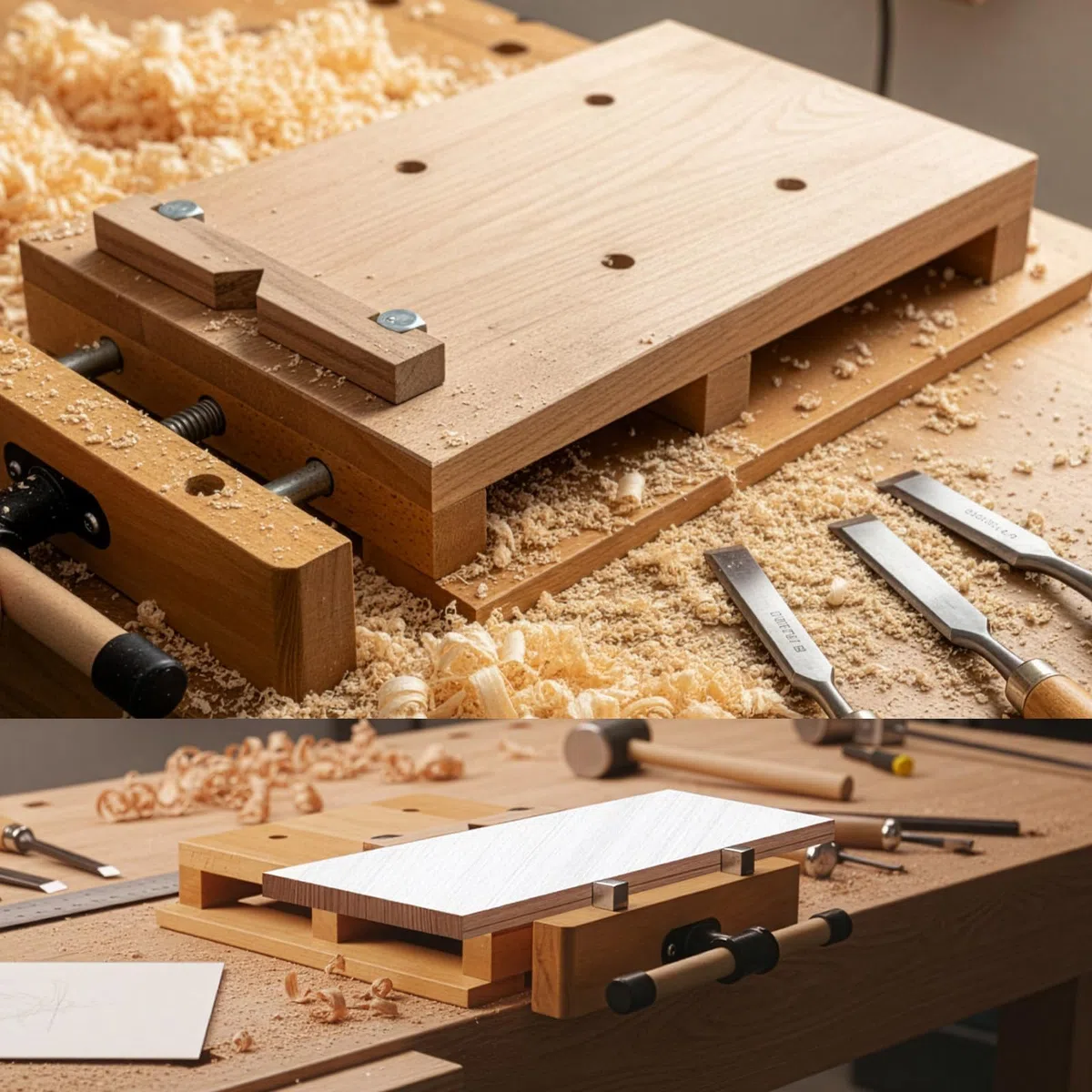 Tragbarer Tischschraubstock, Mini-Werkbank aus Buchenholz mit verstellbaren Spannbacken, mobiler Tischschraubstock 45 x 35 x 7 cm zum Hobeln und Spannen