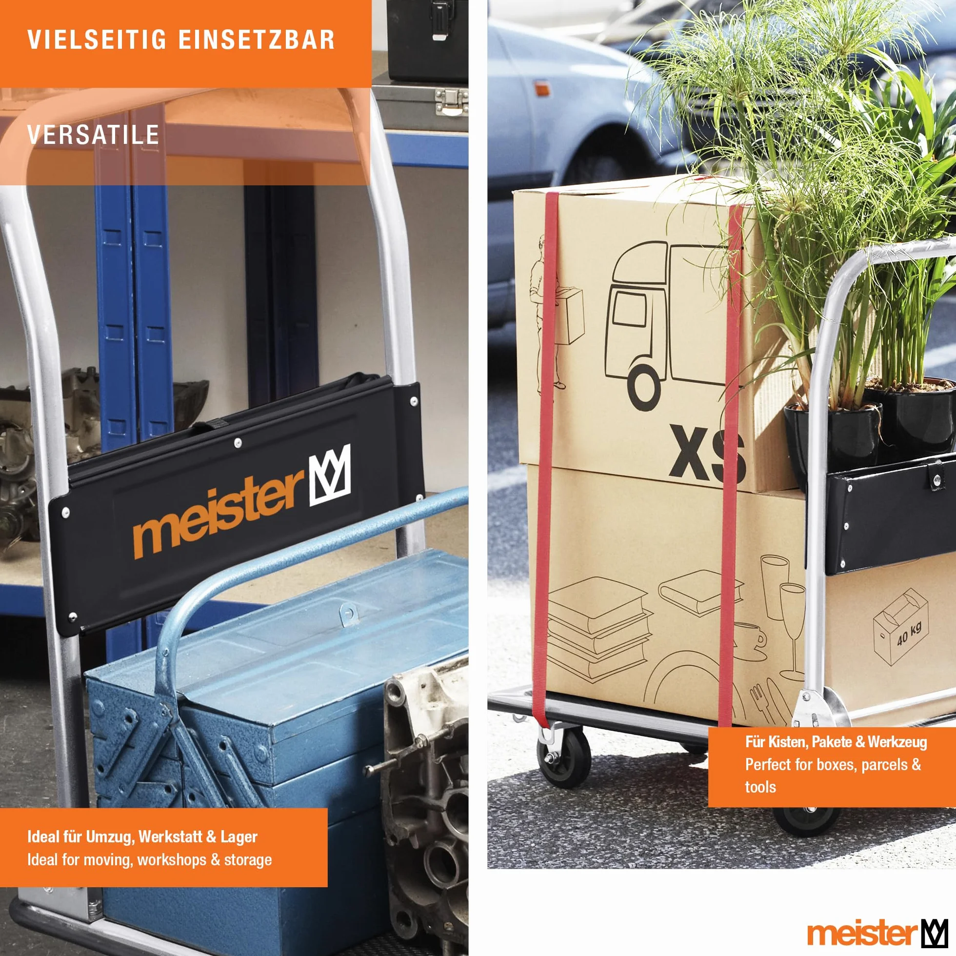 Meister Plattformwagen - Klappbar - Bis 300 kg Tragkraft - Feststellbremse / Transporthilfe mit Lenkrollen / Paketwagen mit Antirutsch-Beschichtung / Klappwagen aus Stahl / 8985540