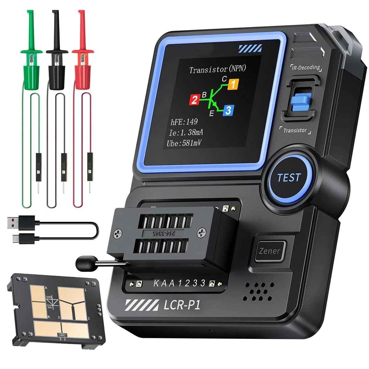 Jadeshay Transistor Tester, LCR-P1 Meter Multifunktionaler Transistor Kondensator Tester SMD Elektronikkomponententester für Kapazitäts-, Widerstands- und Transistortester Bauteiltester