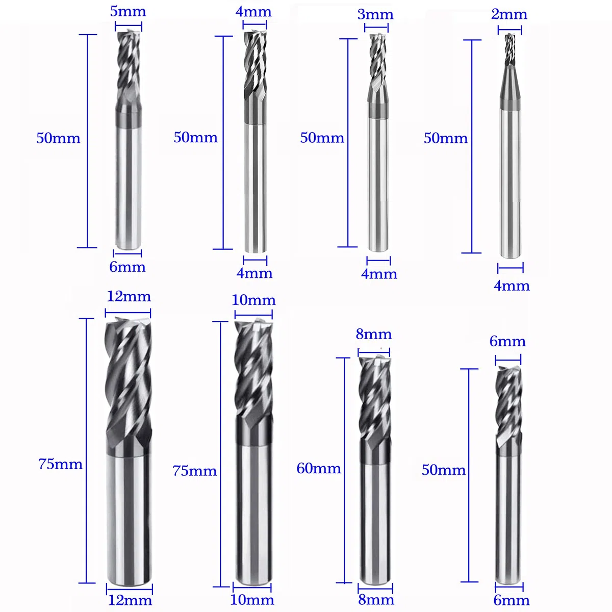 LAIWOO Schaftfräser 4 Flöten Hartmetall Nutenfräser Fräser CNC Werkzeug, Durchmesser 2-12mm (8 Stück)