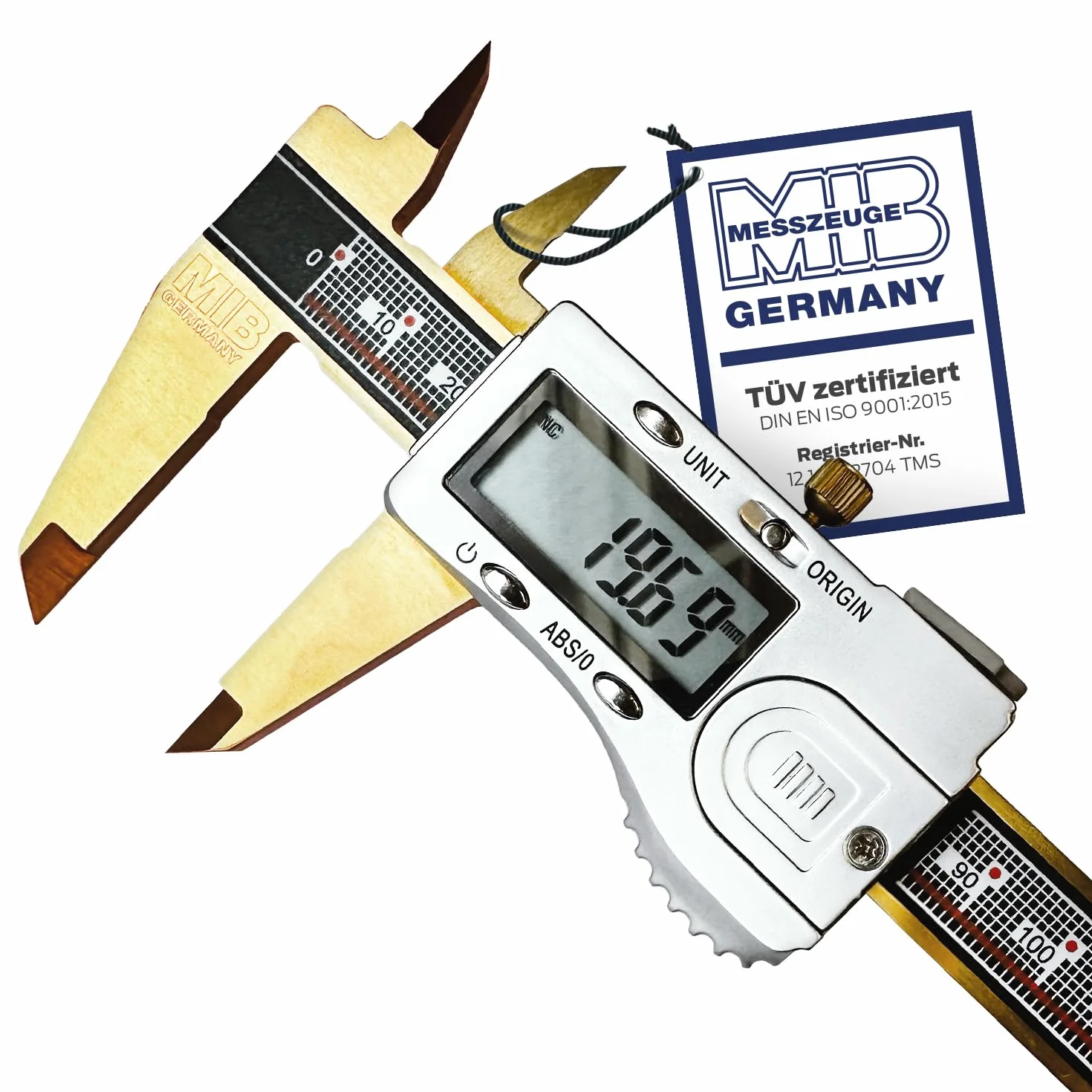 MIB Digitaler Messschieber mit Absolut-System & TiN-Beschichtung DIN 862 150mm | Präzisionsmessgerät | 4-fach Messung | Kalibrierung | Digitalwerkzeug Set mit 3V Batterie & Kunststoffbox