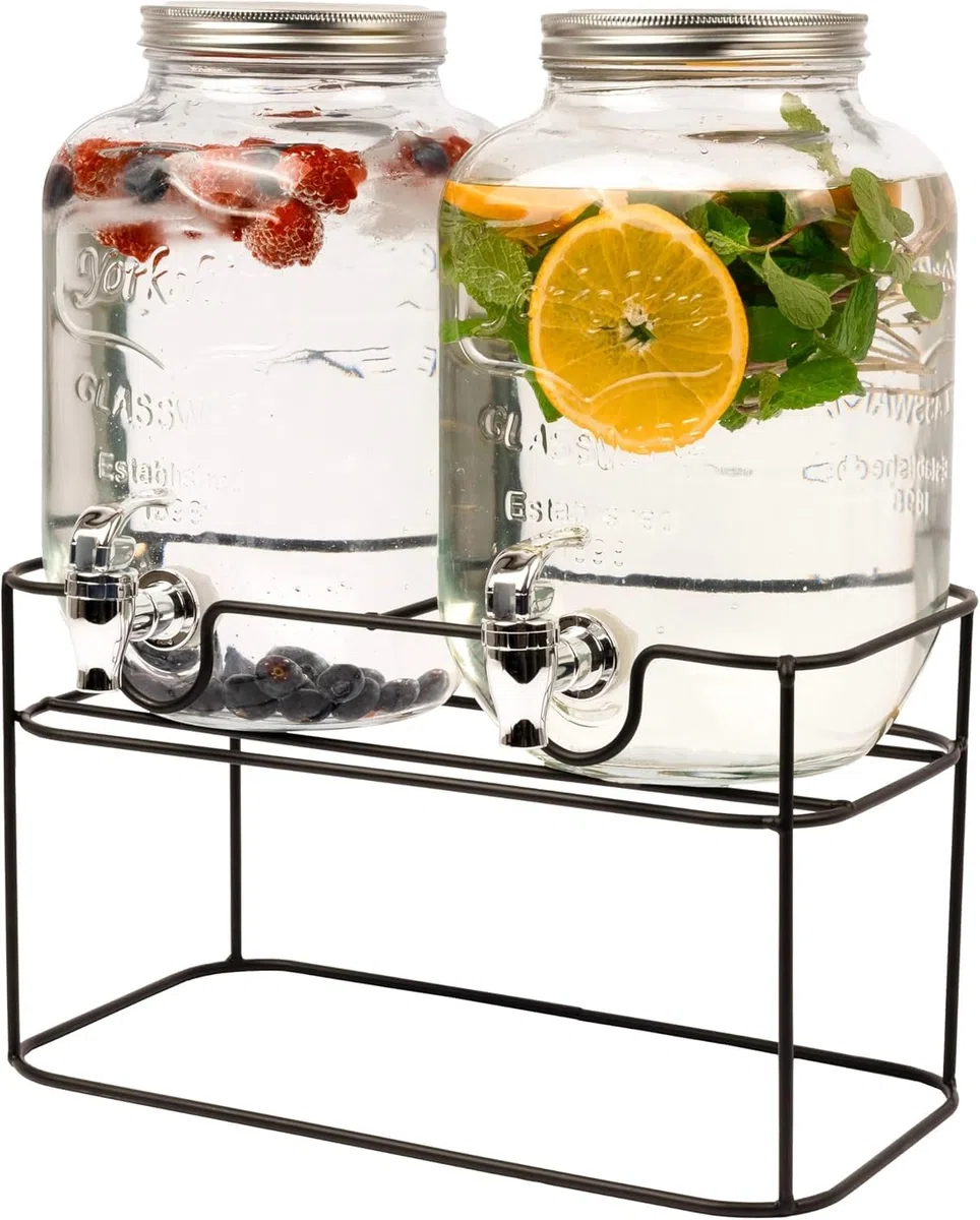 Cookinglife Getränkedispenser, Doppelt mit Ständer, 2 x 4 Liter, Glas und Stahl, Schwarz