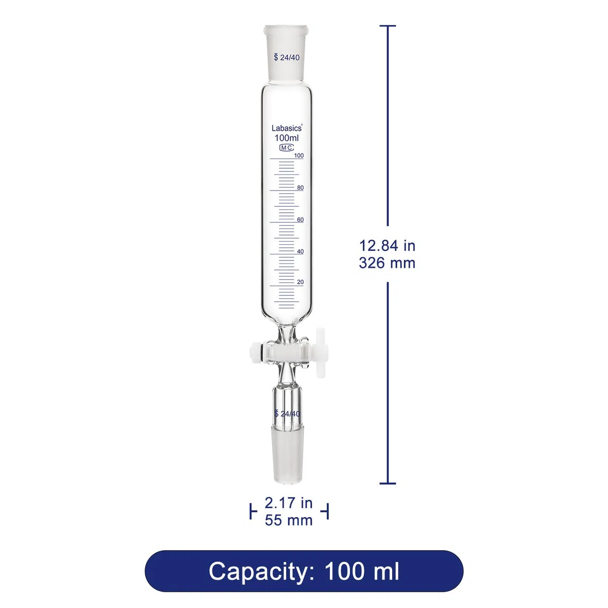Labasics Additionstrichter, Graduierter Tropftrichter aus Borosilikatglas mit 24/40 Normschliff und PTFE-Hahn für Laborzugabe, 100 ml
