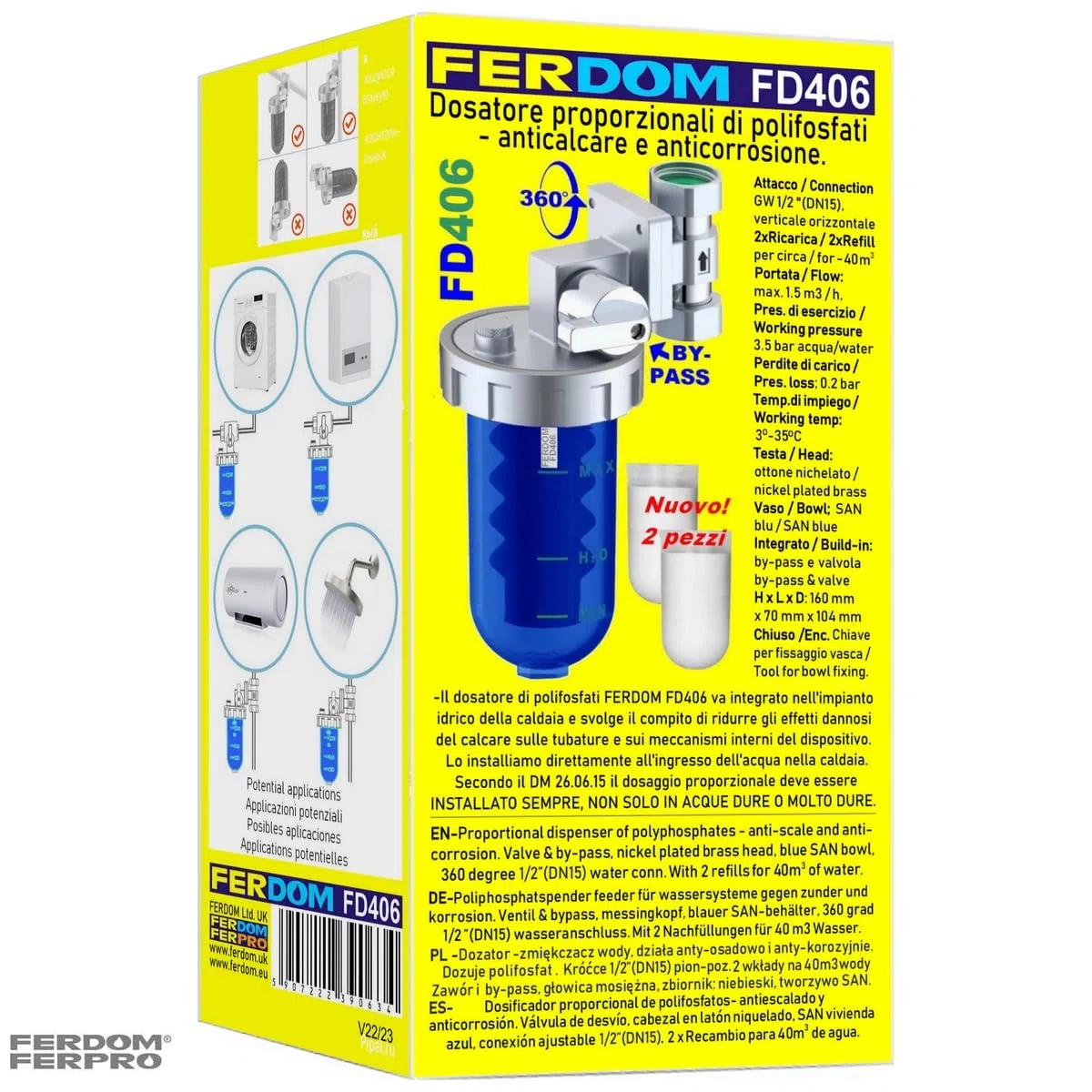 FERDOM Poliphosphatspender Feeder für Wassersysteme gegen Zunder und Korrosion. Ventil & Bypass, Messingkopf, blauer SAN-Behälter, 360 Grad 1/2 ”(DN15) Wasseranschluss. Mit Nachfüllung für 20m3 Wasser