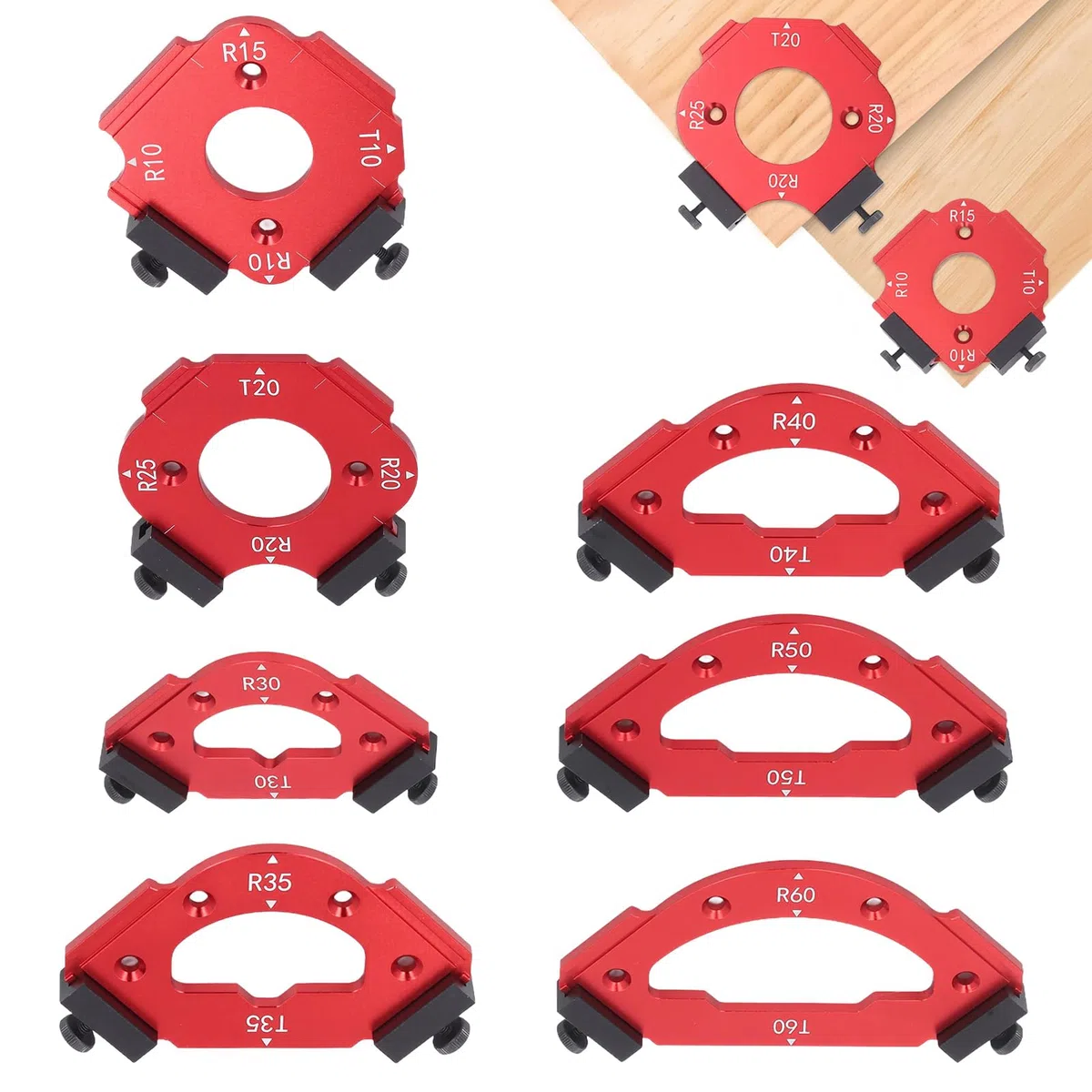 7 Stück Frässchablone Oberfräse Rund, Rot Aluminiumlegierung Router Jig Radius Schablone für Holzbearbeitung R10 R15 R20 R25 R30 R35 R40 R50 R60 T10 T20 T30 T35 T40 T50 T60