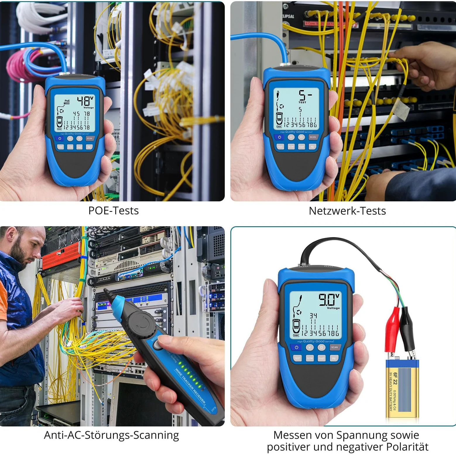 Netzwerk Kabeltester POE/RJ45 Tester, Multifunktions Netzwerktester mit LCD Display, Kabel CAT5/CAT5e/CAT6/Cat7/Cat8 Tracker, Leitungsfinder für Kurzschluss, Quer- & Unterbrechungsprüfung