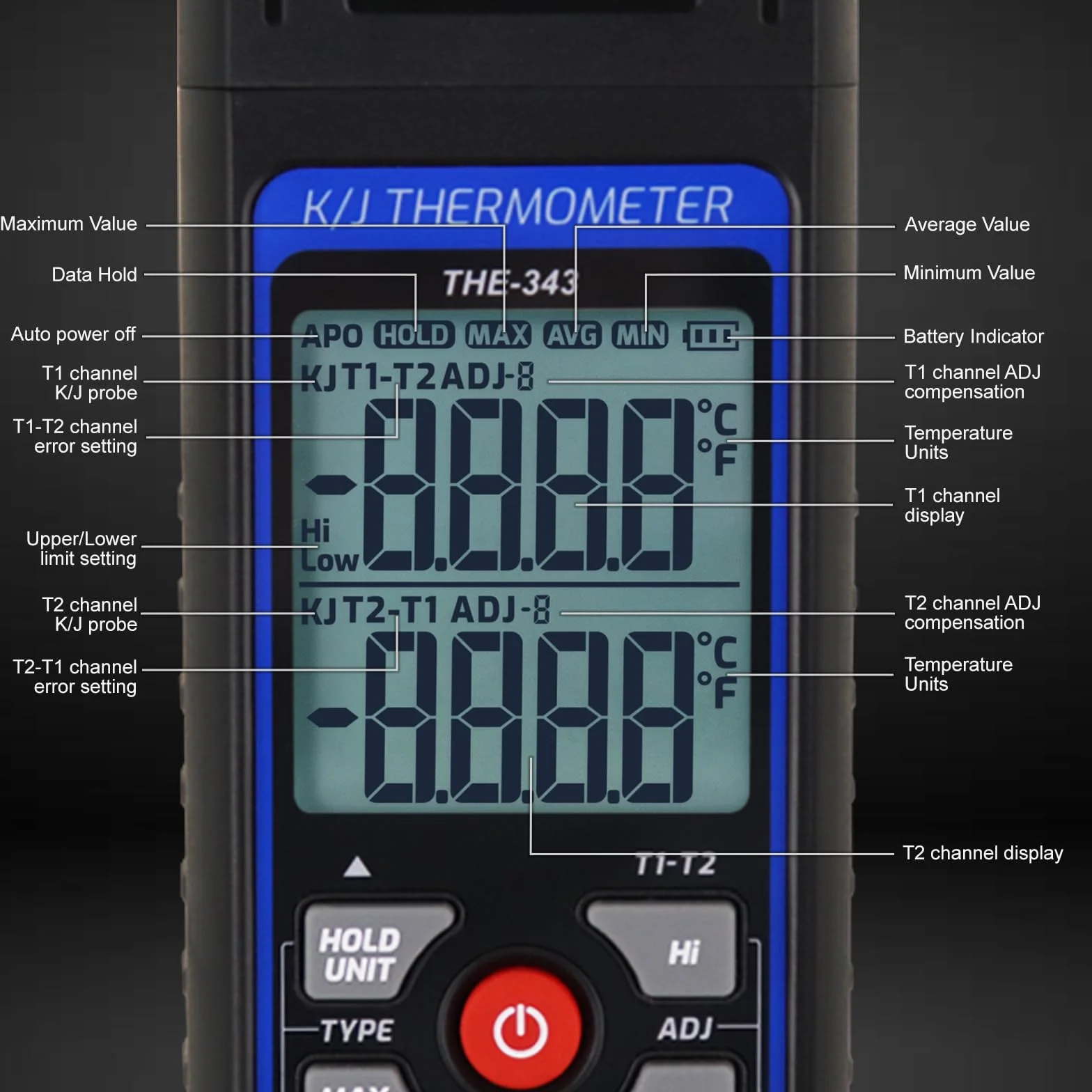 Thermoelement-Thermometer, digital, Typ K/J, mit 4 Thermoelementen vom Typ K, HVAC-Thermometer mit Alarm und Adj-Kompensation, Temperaturmessgerät, Messbereich -200 °C bis 1372 °C