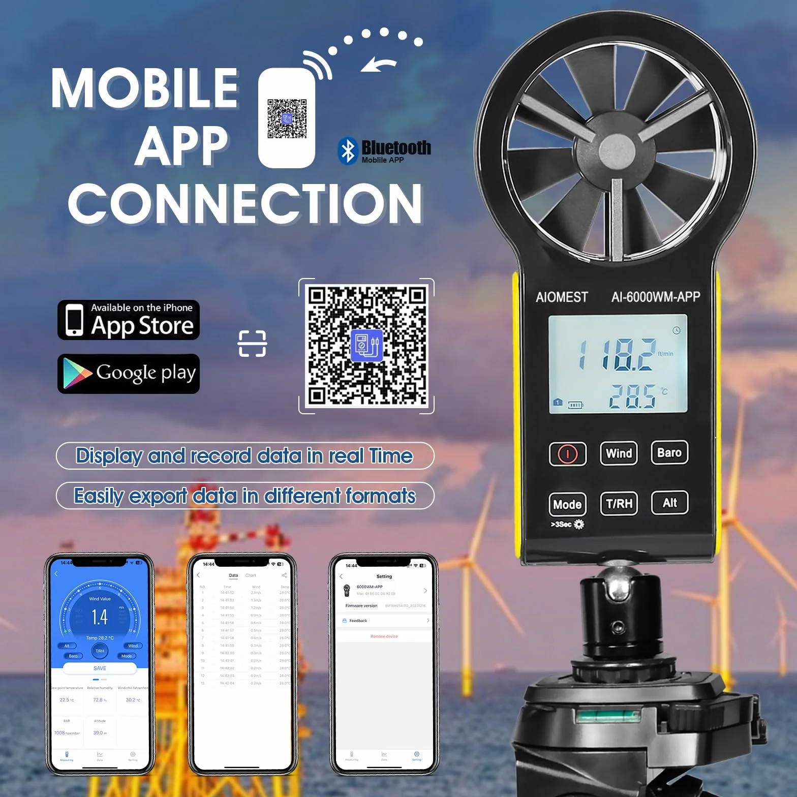 AIOMEST 6000WM-APP Digitaler Anemometer Handheld Windmesser Windmessgerät CFM Wind Speed Meter mit MAX/MIN/AVG für Windgeschwindigkeit Temperatur Wind Chill Tester, HVAC