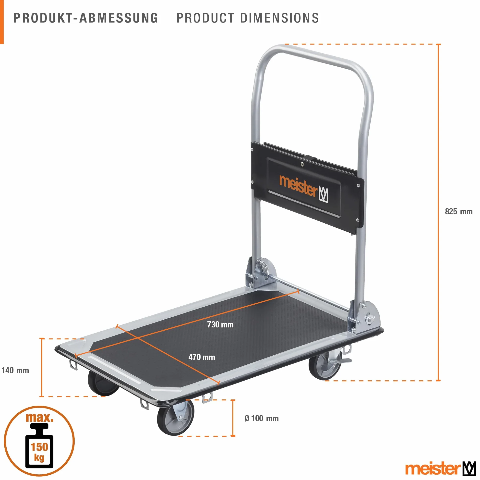 Meister Plattformwagen - Klappbar - Bis 300 kg Tragkraft - Feststellbremse / Transporthilfe mit Lenkrollen / Paketwagen mit Antirutsch-Beschichtung / Klappwagen aus Stahl / 8985540