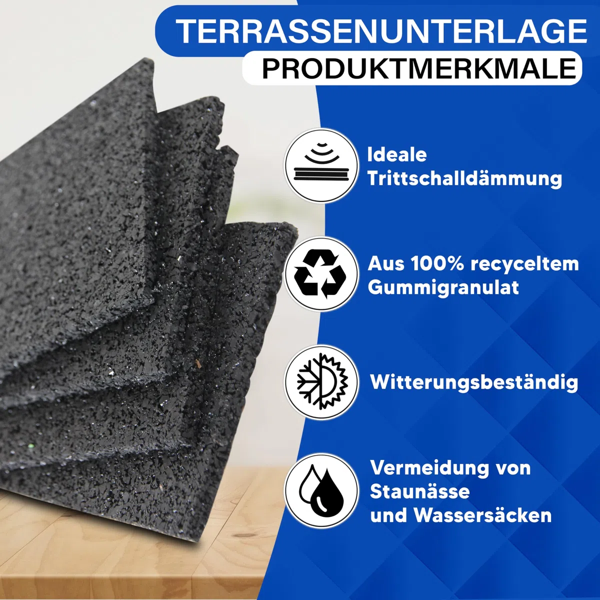 Gummimattenprofi 20 mm x 90 mm x 90 mm 100 Stück Terrassenpads Gummiunterlage Bautenschutzmatte | Gummigranulatmatte für Oberflächenschutz | Unterkonstruktion WPC, Fliesen, Dielen