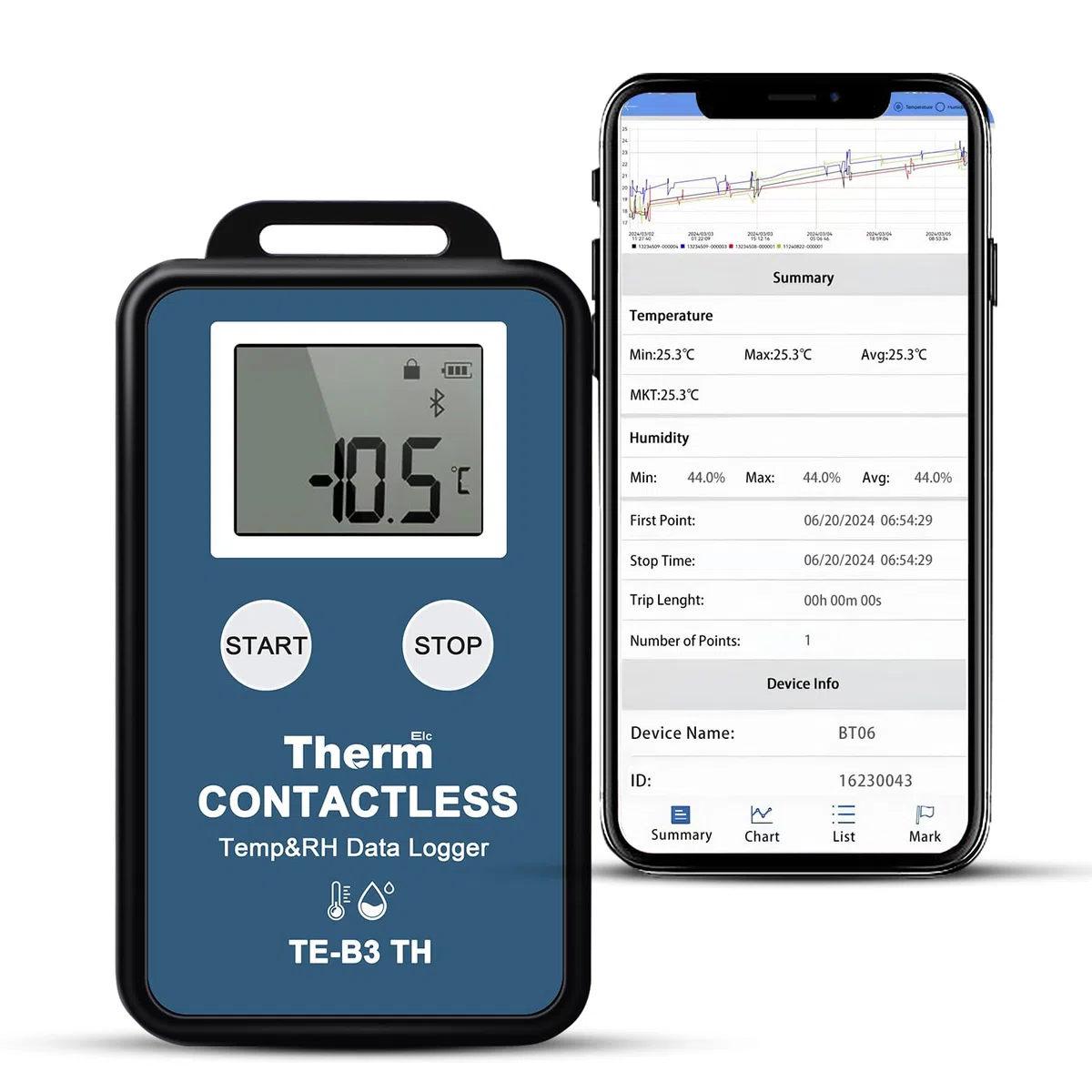 ThermElc TE-B3 TH Bluetooth Datenlogger Temperatur Luftfeuchtigkeit, hohe Genauigkeit ±0,3 °C, EN12830-konform, 32.000 Messpunkte,funkthermometer mit app für Impfstoff-Klimaanlagen in Apotheken