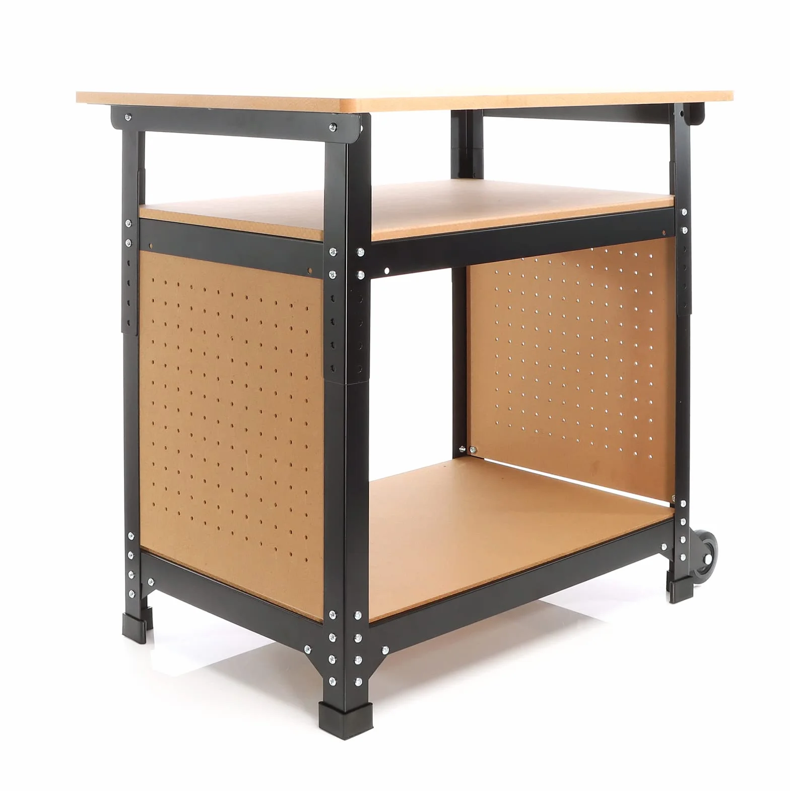 XPOtool Fahrbare Werkbank 69 x 51 x 66-82 cm, höhenverstellbarer Werktisch, Arbeitstisch mit 2 Rollen, 2 Ablagen und seitliche Lochwand