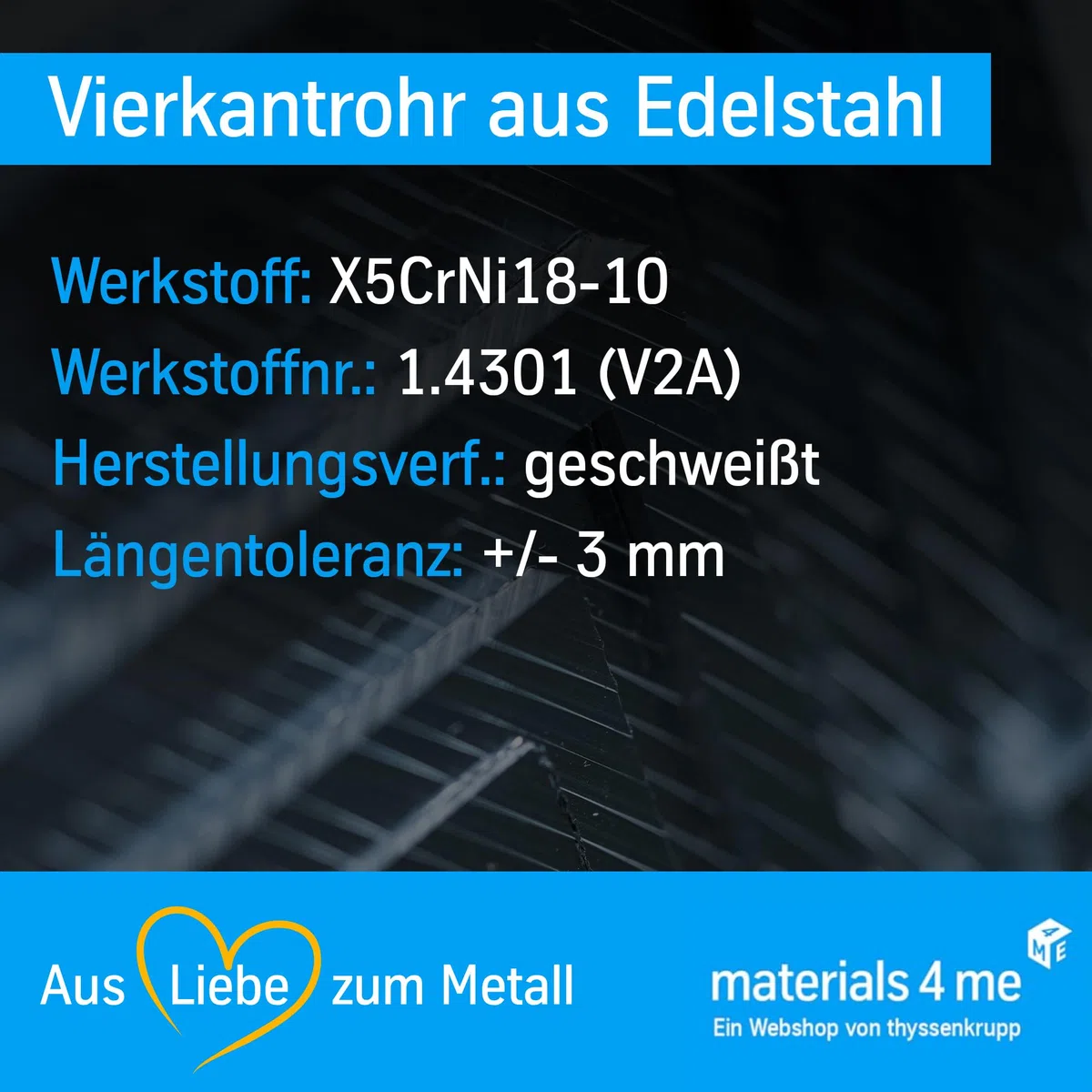 thyssenkrupp Vierkantrohr Edelstahl V2A 40x40x2 mm – 2000 mm | Quadrat Rohr geschweißt | Edelstahl Vierkantrohr K240 geschliffen | robust & vielseitig einsetzbar | Werkstoff: 1.4301 | AISI 304