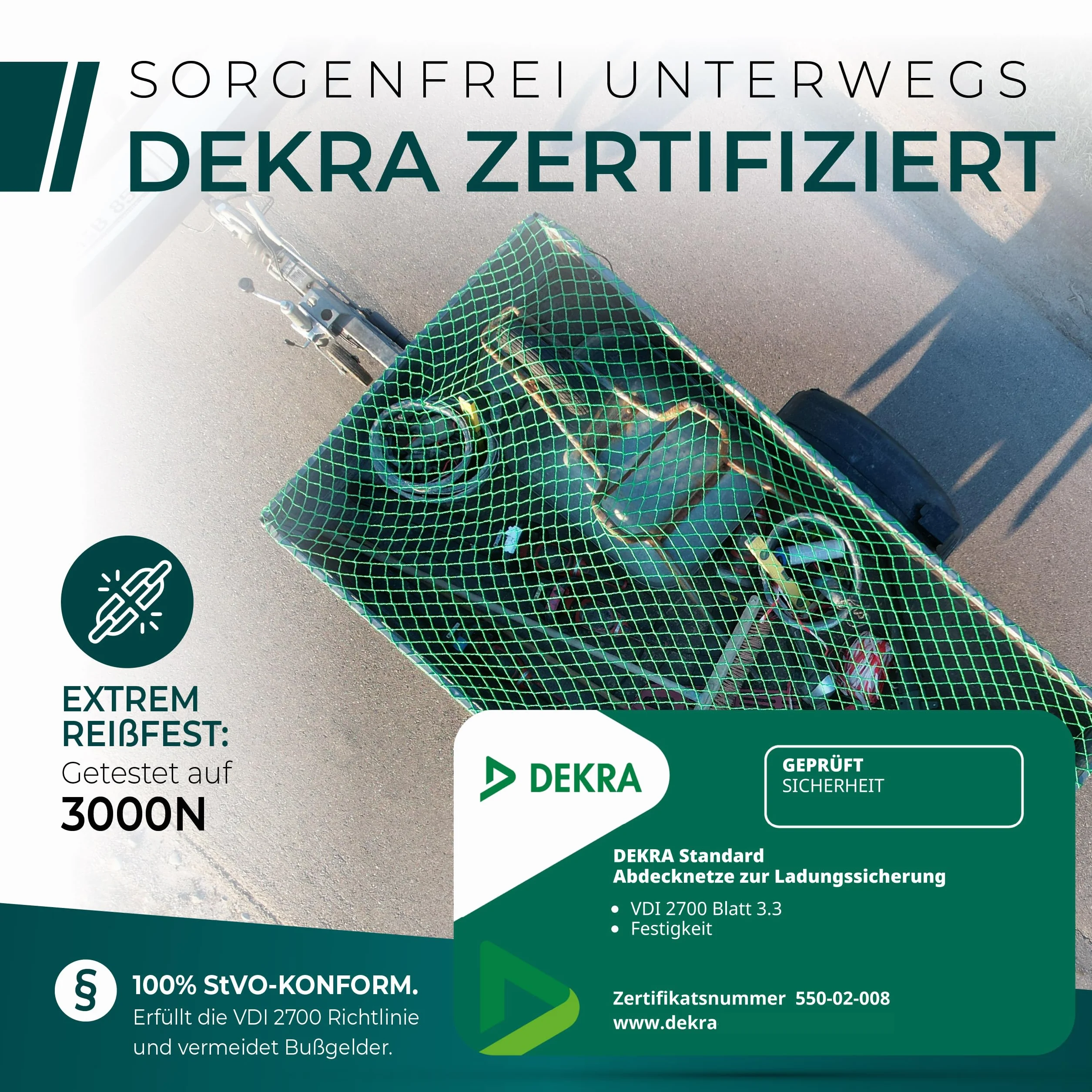 CargoVA Anhängernetz 2 * 2x3M [DEKRA Geprüft] - Ladungssicherungsnetz mit Gummiseil & Eckenmarkierung - Abdecknetz für Anhänger, Reißfest