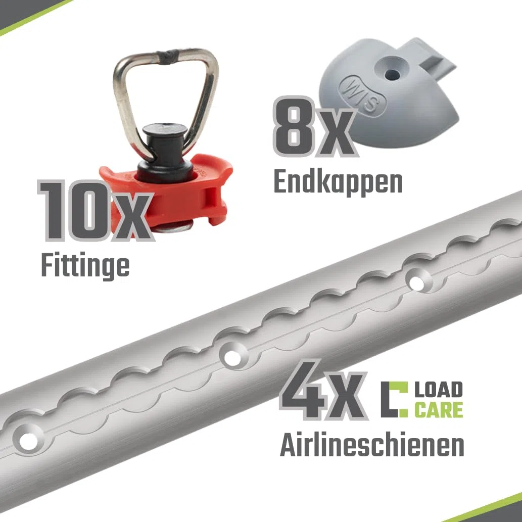 Airlineschienen Starterset 32 TLG. | 4X 2m halbrund gebohrt | inkl. 20 Fittinge & 8 Endkappen | Zurrschiene Aluminium eloxiert für Transporter, Anhänger & Camper (Rot) | Eloxierte Schienen