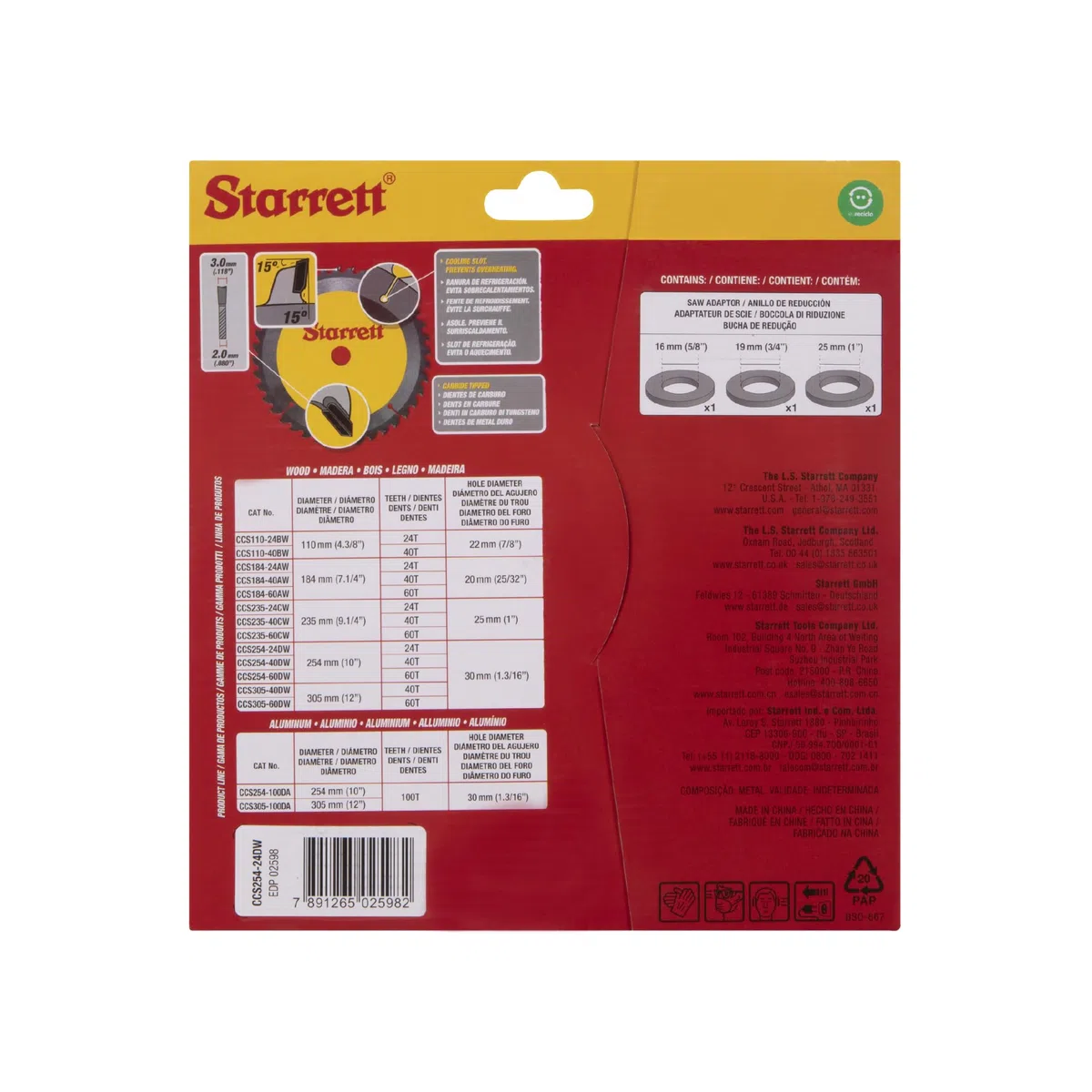 Starrett Kreissägeblatt für Holz, 254 mm, 24 Zähne, 16/19/25/30 mm Bohrung