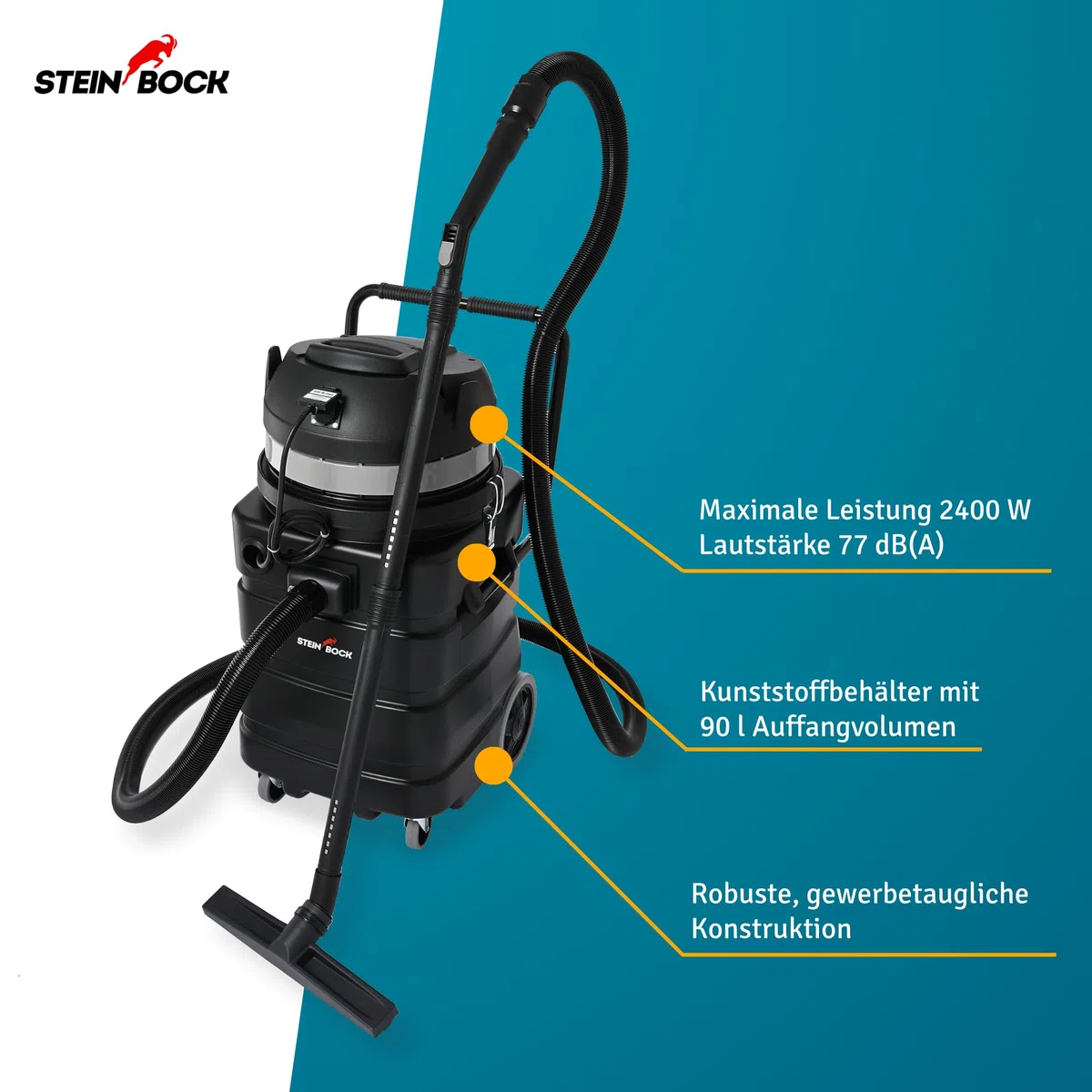 Steinbock Pumpsauger | 2.400 Watt | 90 l Kunststoffbehälter | Nasssauger mit integrierter Tauchpumpe für effizientes Abpumpen | Wasserdurchfluss-Ventil | Durchgehende Flüssigkeitsaufnahme und -abfuhr
