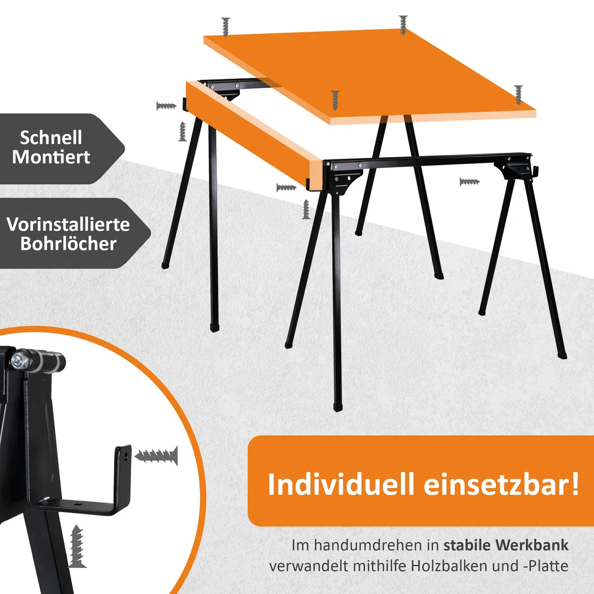 Lemodo Arbeitsbock 2er Set klappbar – Klappbock Stahl mit 400 kg Tragkraft pro Bock, Unterstellbock belastbar, Stabiler Montagebock, Sägebock kompakt mit klappbaren Stützarmen