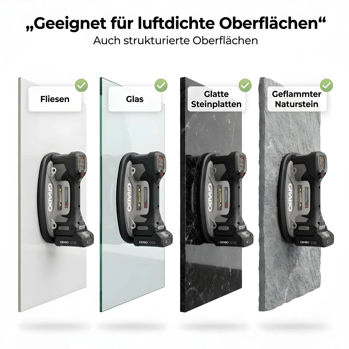 GRABO Pro Brushless Vakuum Saugheber 120 kg [Marken Akku-kompatibel] Elektrischer Fliesenheber & Glasheber mit Digitalanzeige Akku Saugheber für Fliesen, Glas & Stein inkl. TANOS Systainer³ (GPB-MAT)