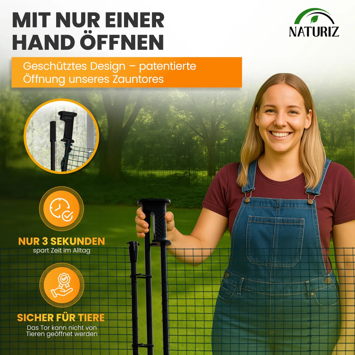 NATURIZ® Weidezaun Tor mit Einhand-Öffnung – mobiles Zauntor für Camping, Garten & Weide – Weidetor mit schnellem Auf- & Abbau, ohne Strom