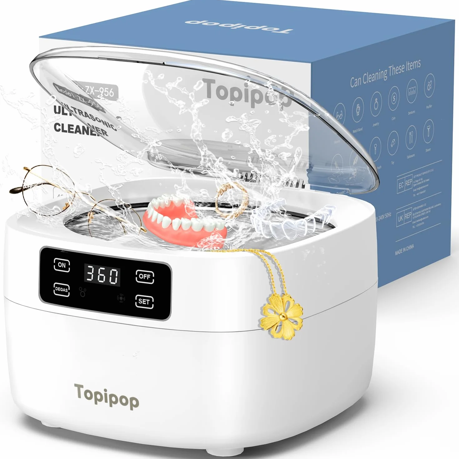 Topipop Ultraschallreinigungsgerät, 48000Hz Ultraschallreiniger, 750 ml brillenreinigungsgerät, professionelles Ultrasonic Cleaner zum Reinigen von Brillen, Uhren, Ringen, Rasierklingen (White)