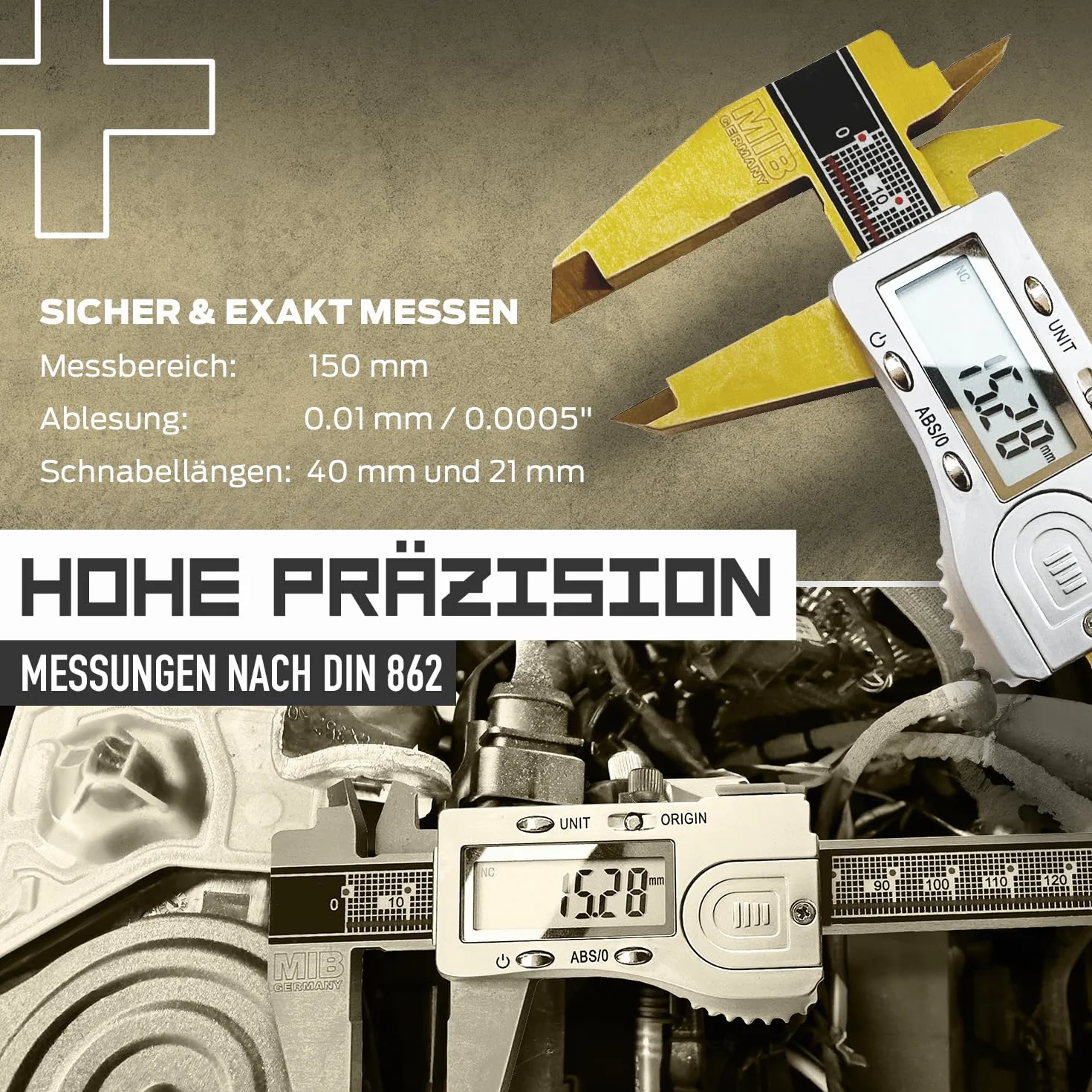 MIB Digitaler Messschieber mit Absolut-System & TiN-Beschichtung DIN 862 150mm | Präzisionsmessgerät | 4-fach Messung | Kalibrierung | Digitalwerkzeug Set mit 3V Batterie & Kunststoffbox