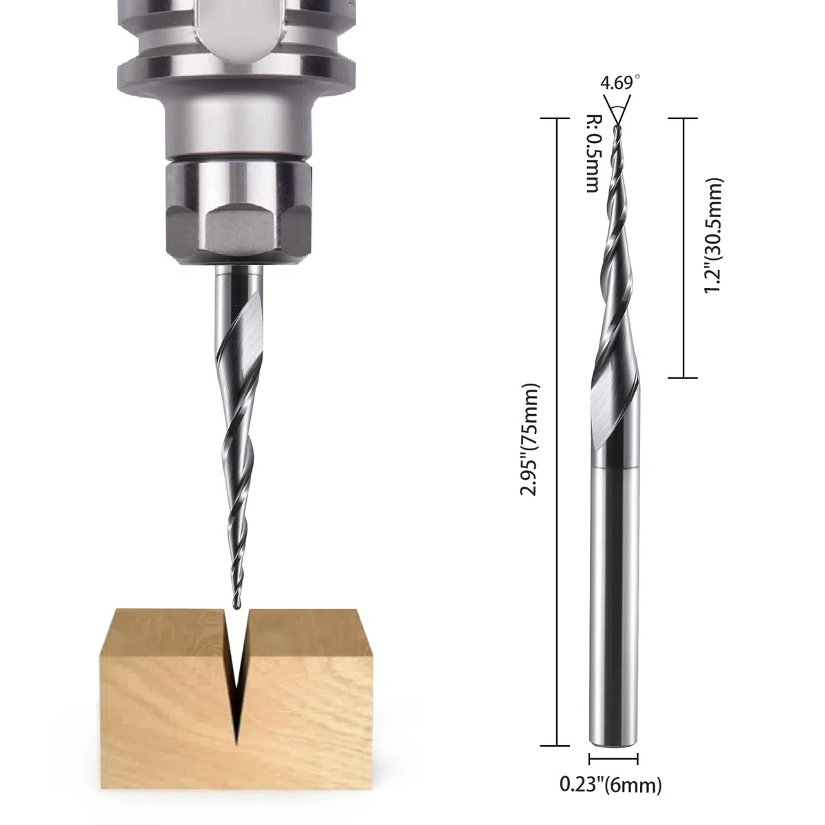 Kugelkopffräser Konische CNC Fräser Kugelfräser 2 Stück, R0.5 Spiralnutfräser Bit 6mm Schaft 2 Flöten Schaftfräser HRC55, 0,5mm Radius CNC Schnitzbits mit AlTiN Beschichtung für 2D /3D Gravu