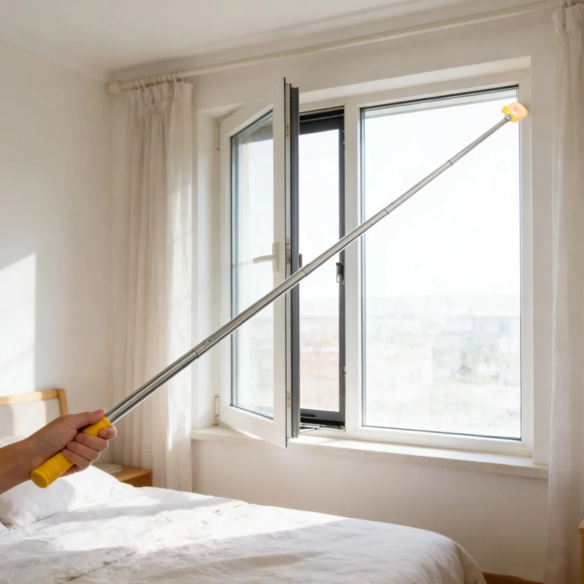 Fensterstangenöffner Teleskopstange Ausziehbar bis 1,88m Gelb mit 5 Segmenten Zugstange für Schwer Erreichbare Schiebefenster in Küche Schlafzimmer und Wohnzimmer