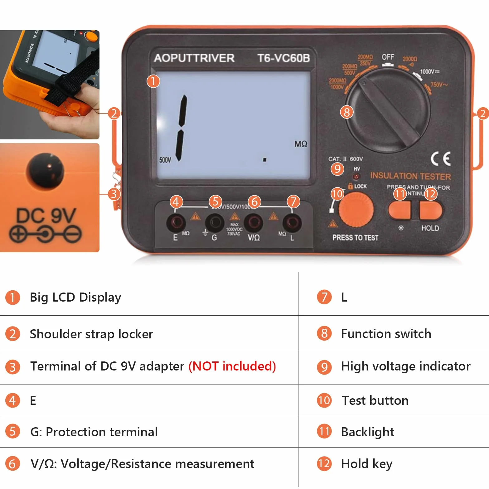 Digitaler Isolationswiderstandstester, 1999 Zählt Megohmmeter Großes LCD-Display Megohmmeter DC250/500/1000V AC750V, 200MΩ~2000MΩ mit Hintergrundbeleuchtung für Datenspeicherung für Motorkabel