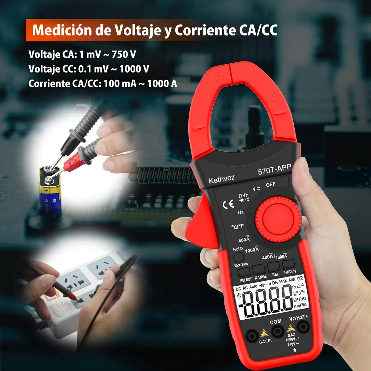 Strommesszange Bluetooth 4000 Counts Stromzange, Kethvoz Zangenmultimeter Strommessgerät mit Automatischem Messbereich für Widerstand Kapazität Durchgang Temperatur Diode Messen KE-570T-APP