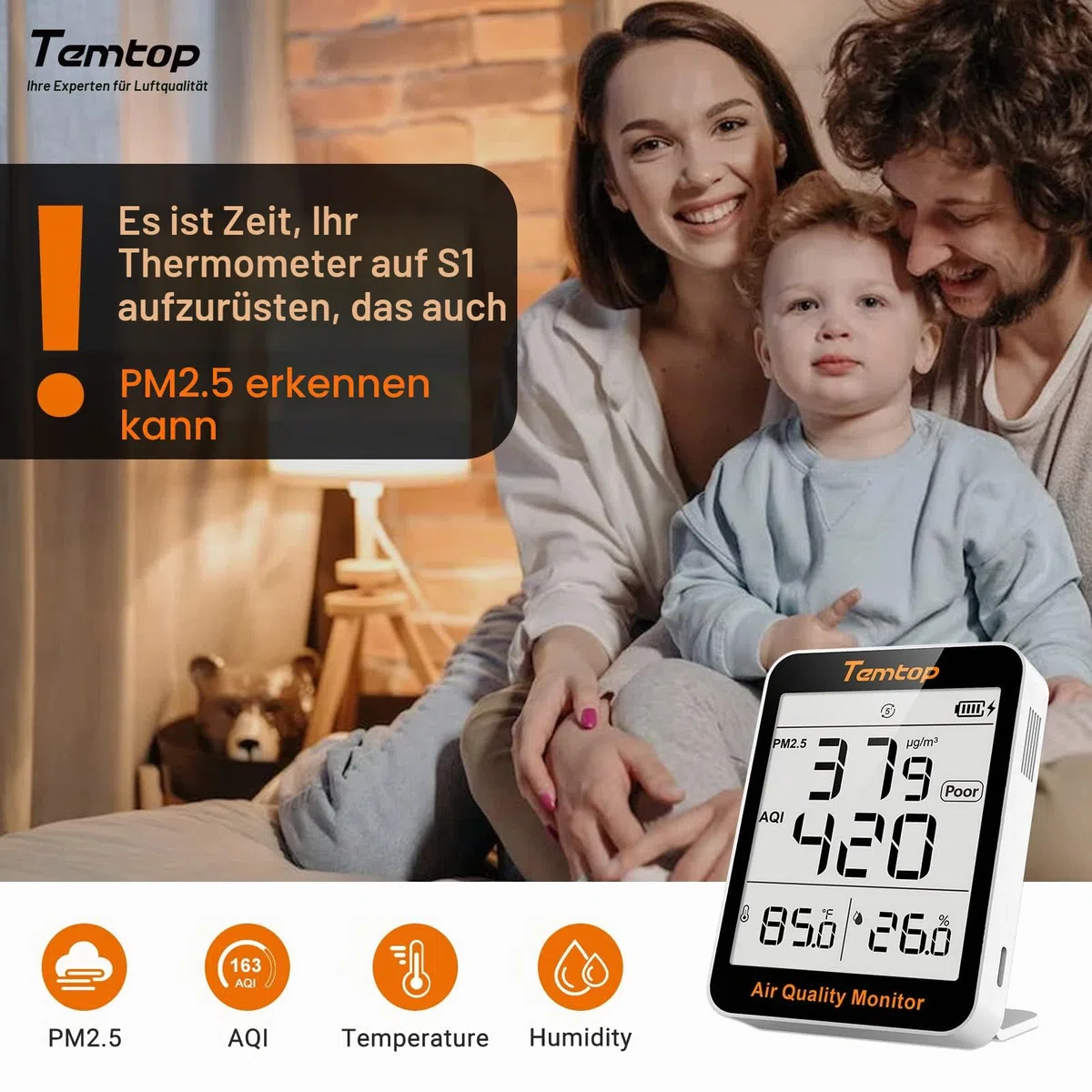 Temtop S1 Luftqualitätsmessgerät Mit PM2.5, AQI Und Temperatur-Feuchtigkeitserfassung, Ultra-lange Batterielaufzeit Von 60 Tagen, Ideal Für Zuhause Und Büro