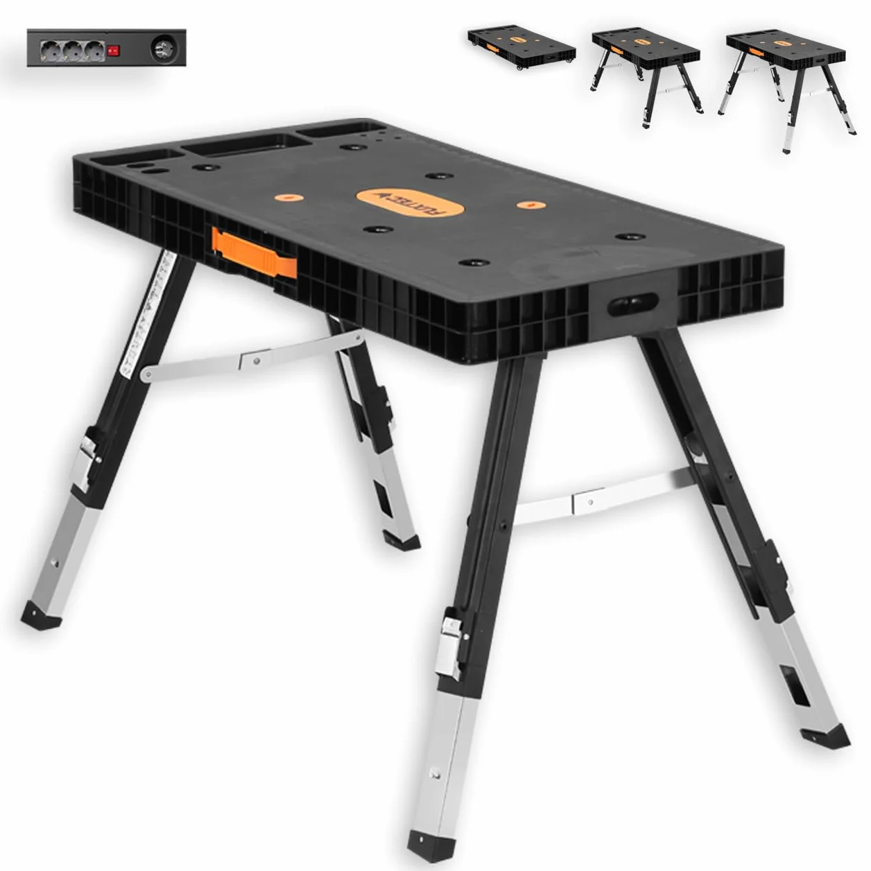 FUXTEC klappbare 5in1 Universal-Werkbank FX-WB – Werkbank/Arbeitstisch bis 150kg – höhenverstellbar bis 129x59x75cm – Transportroller mit Schubfächern – Werkstattbrett/Rollbrett