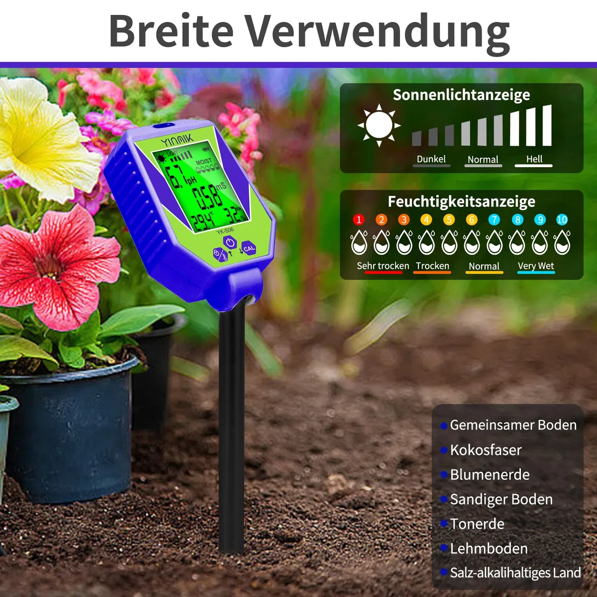 pH Leitfähigkeit Messgerät für Boden und Wasser, Pflanzen pH Feuchtigkeits Messgerät, Boden pH EC Messgerät, 6 in 1 Bodentestkits für pH/Feuchtigkeit/Leitfähigkeit/Licht/Luftfeuchtigkeit/Temperatur