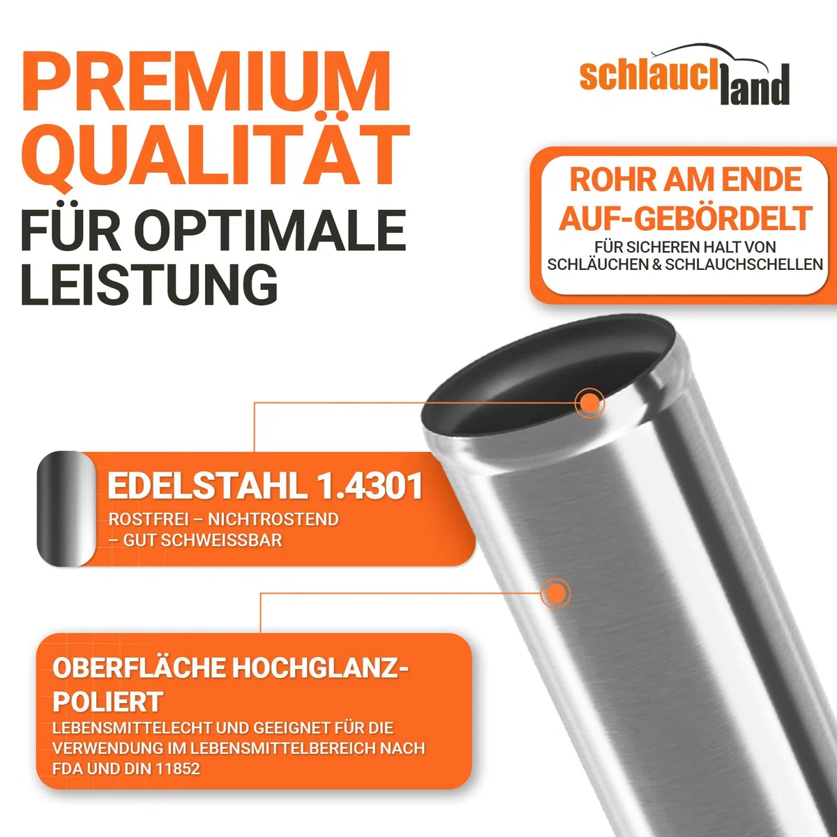 60cm Edelstahl-Rohr AD-Ø 54mm poliert & gebördelt V2A 1.4301 INOX rostfrei | AUSWAHL GRÖSSEN 13-200 mm | Edelstahl Rund-Rohr Motor KFZ LLK Turbo Kühler Heissluft Abgas Auspuff DIN EN 10217-7